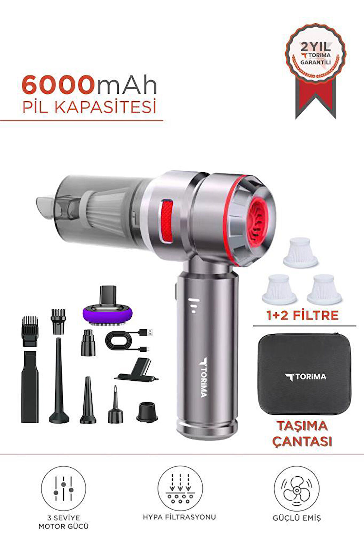 Torima HL-121 Kırmızı 4IN1 Şarjlı Araç Mini EL Süpürgesi