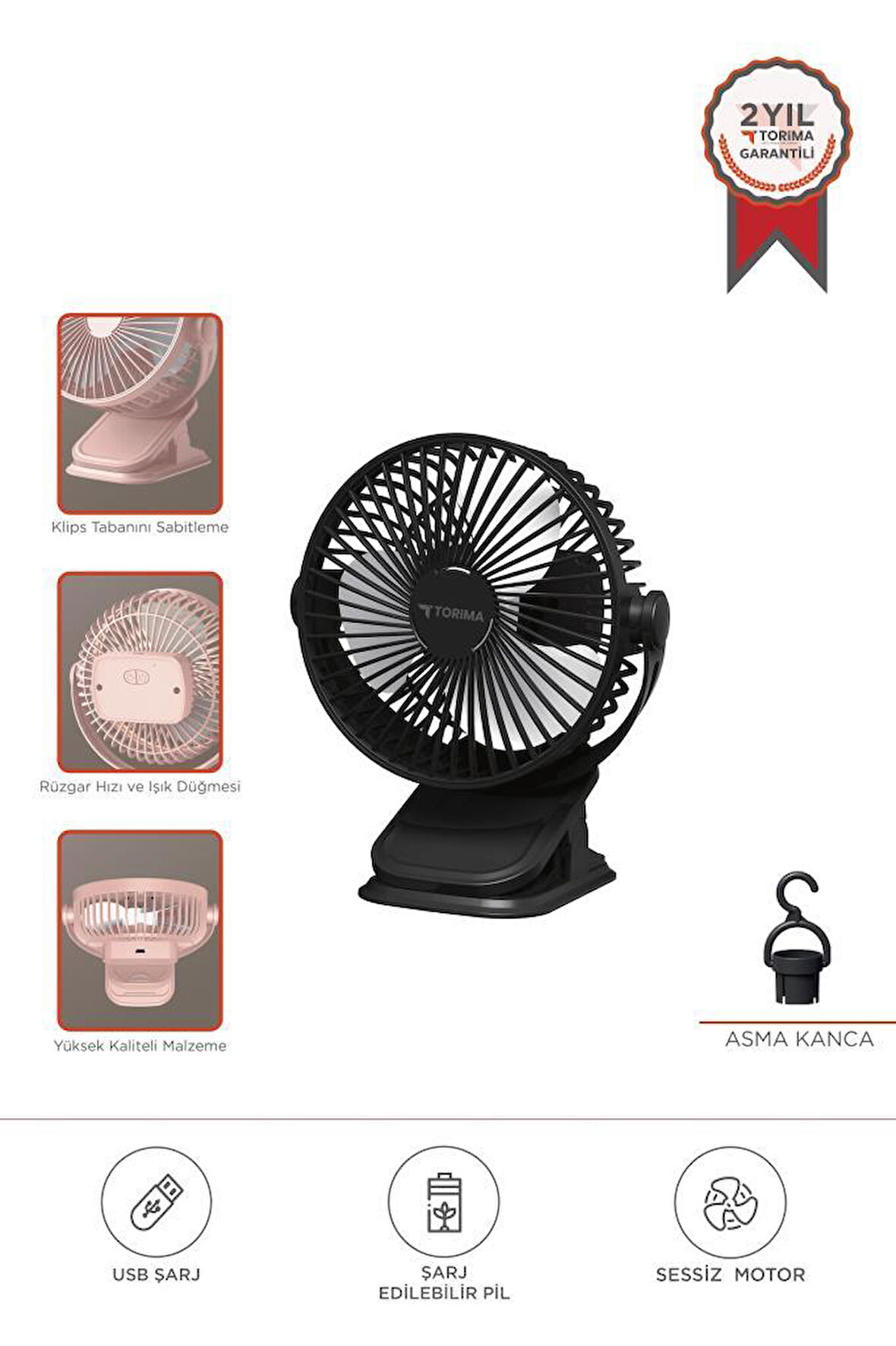 Torima F-15 Siyah Mini Fan Vantilatör I Asma Apartlı, 800 mAh Şarjlı, Type-C Girişli, Taşınabilir Fan 