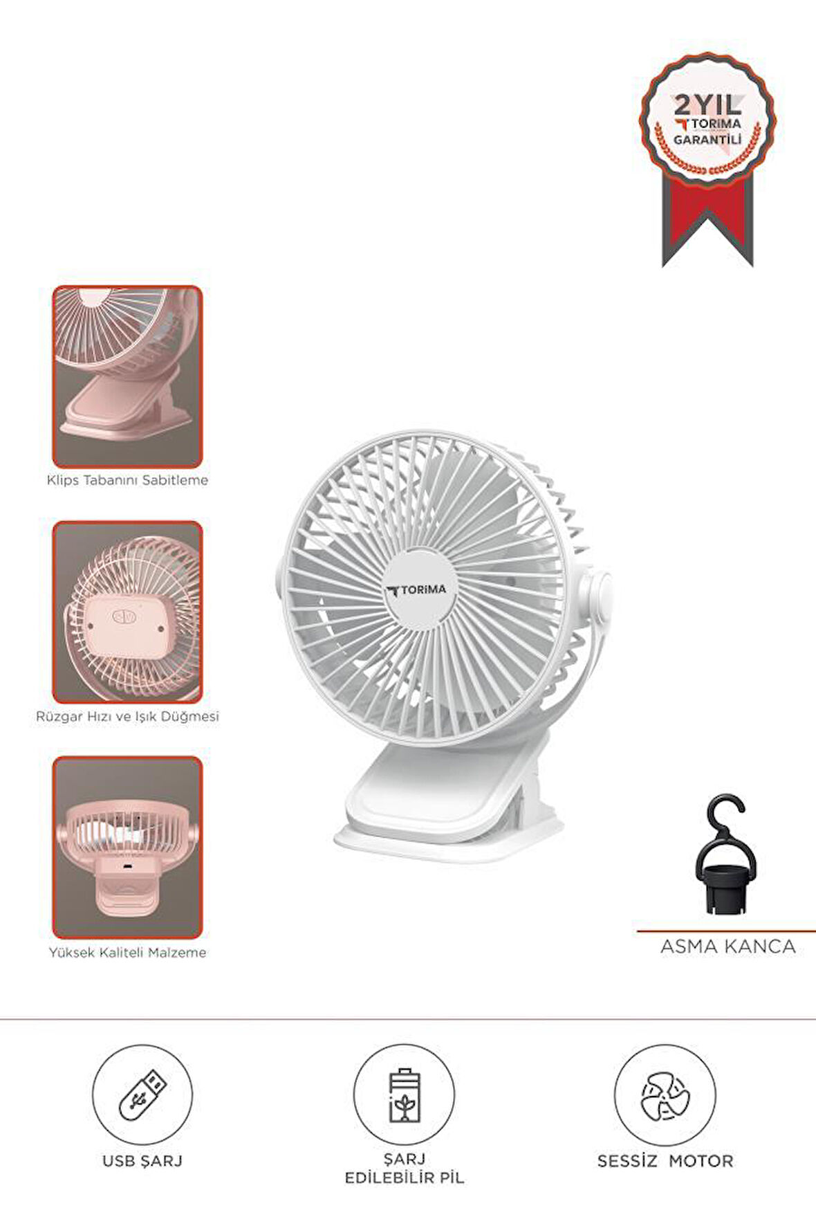 Torima F-15 Beyaz Mini Fan Vantilatör I Asma Apartlı, 800 mAh Şarjlı, Type-C Girişli, Taşınabilir Fan 