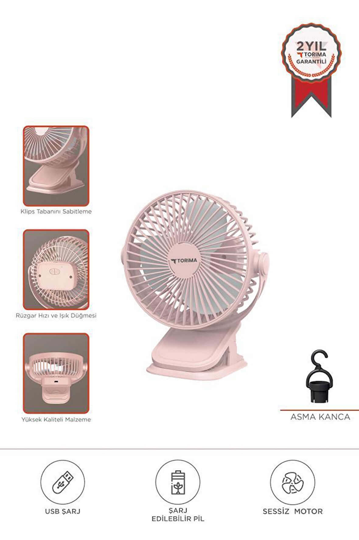 Torima F-15 Pembe Mini Fan Vantilatör I Asma Apartlı, 800 mAh Şarjlı, Type-C Girişli, Taşınabilir Fan 