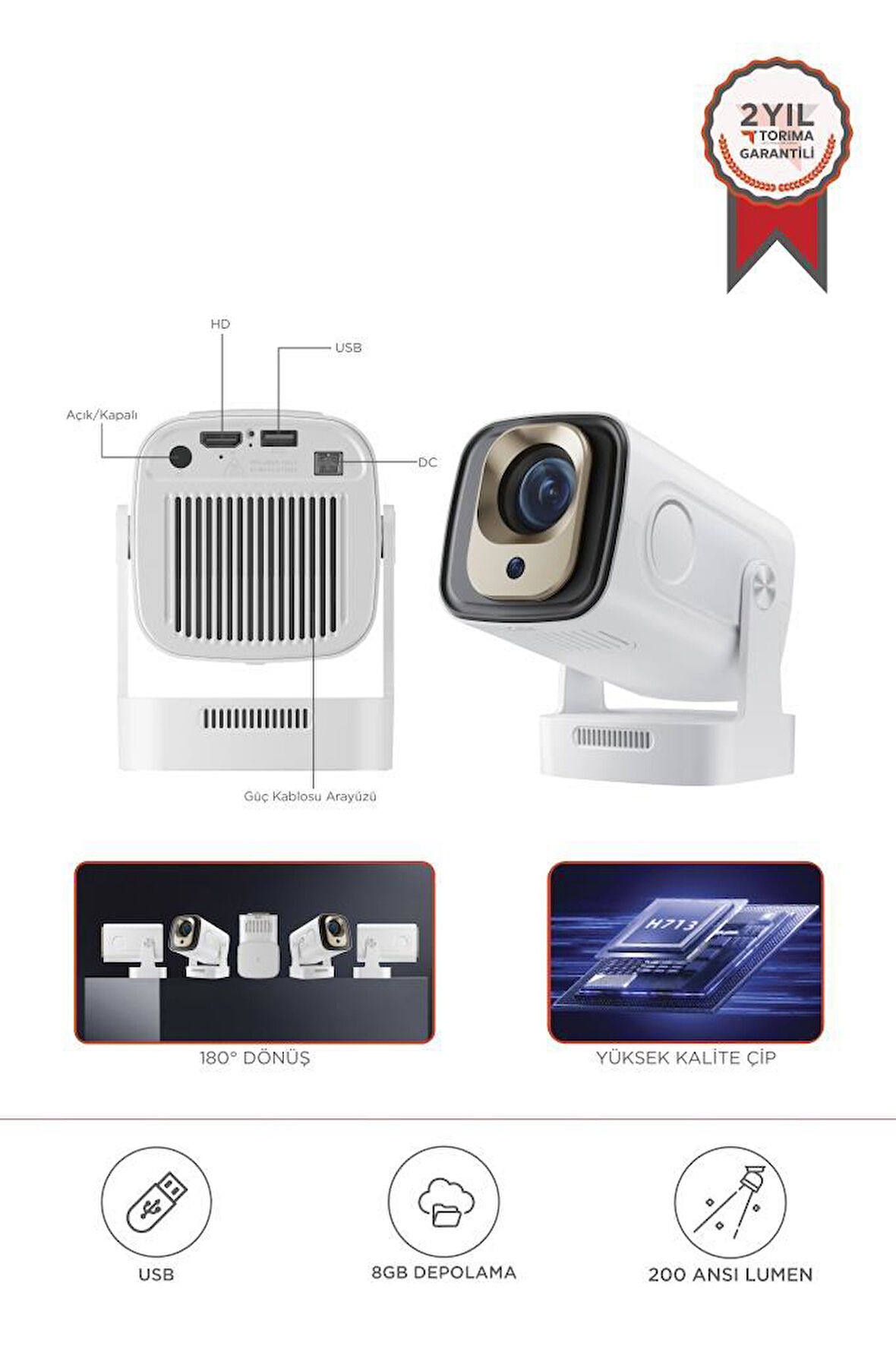 Torima  HY260 PRO Mini Beyaz Taşınabilir Sinema Projektörü Ev Sineması Android Akıllı Projeksiyon