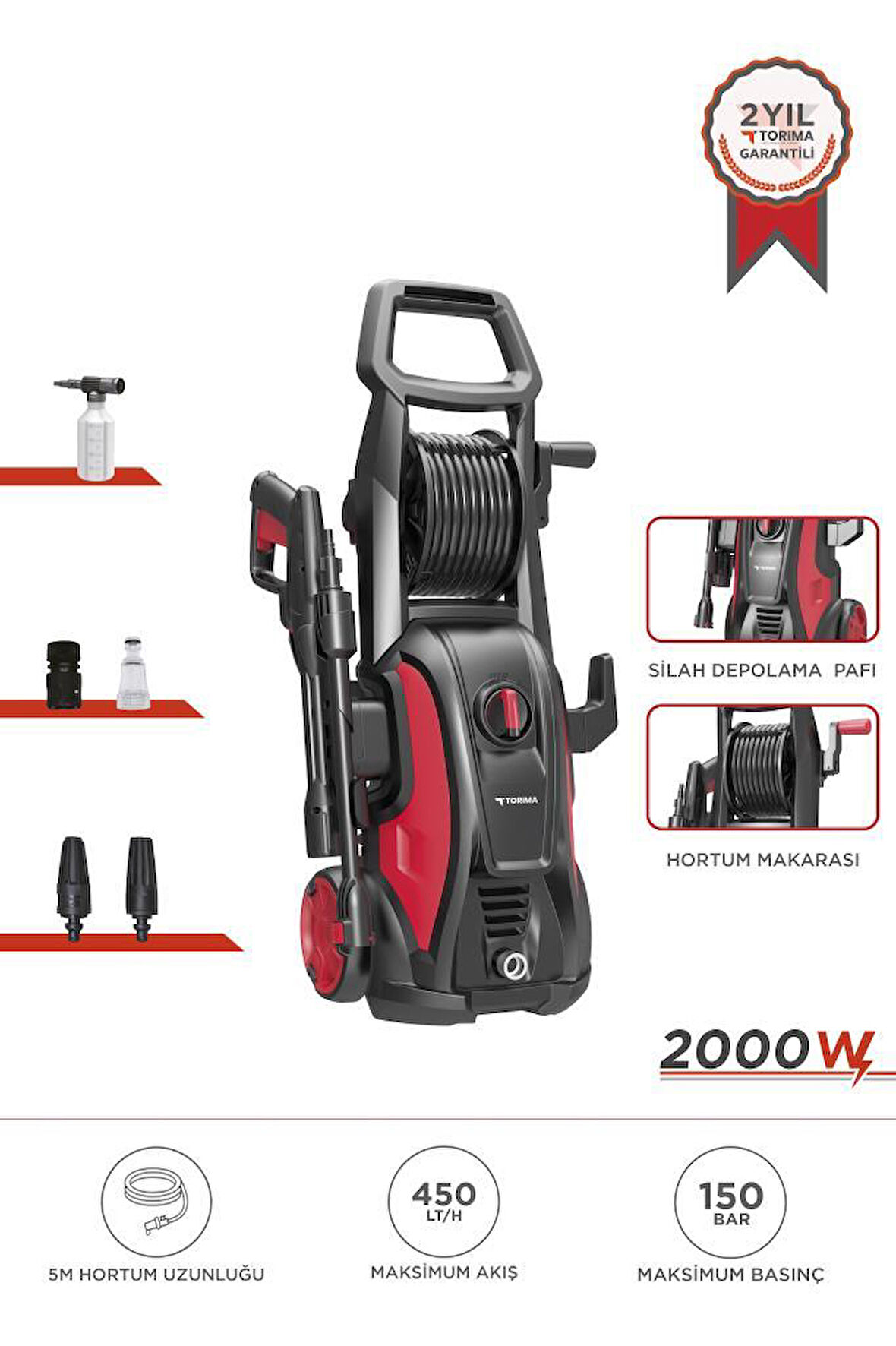 Torima HPC-01 Kırmızı Yüksek Basınçlı Oto, Halı, Bahçe Temizleme ve Yıkama Makinesi – 2000W, 150 Bar