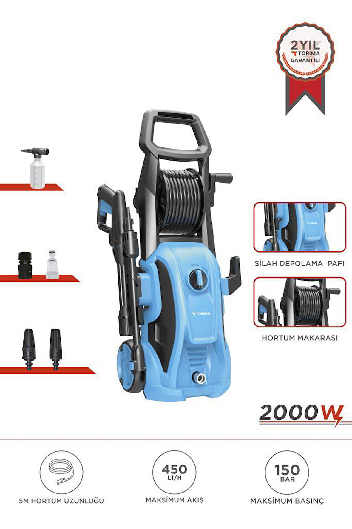 Torima HPC-01 Mavi Yüksek Basınçlı Oto, Halı, Bahçe Temizleme ve Yıkama Makinesi – 2000W, 150 Bar