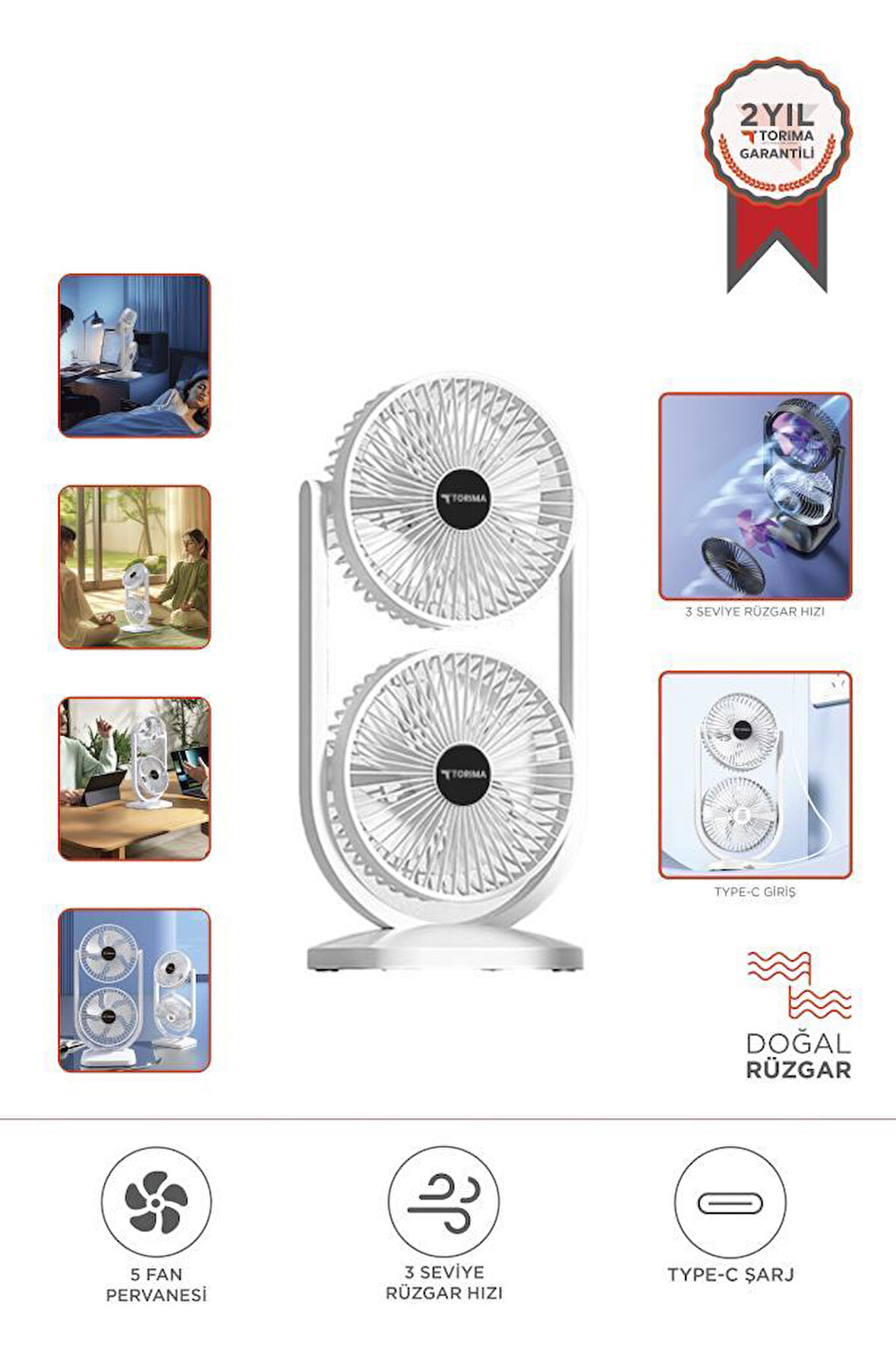 Torima F-22 Beyaz Mini Fan | Taşınabilir Çift Başlıklı Sessiz Vantilatör | Type-C Girişli, 3 Kademeli Hız Ayarı