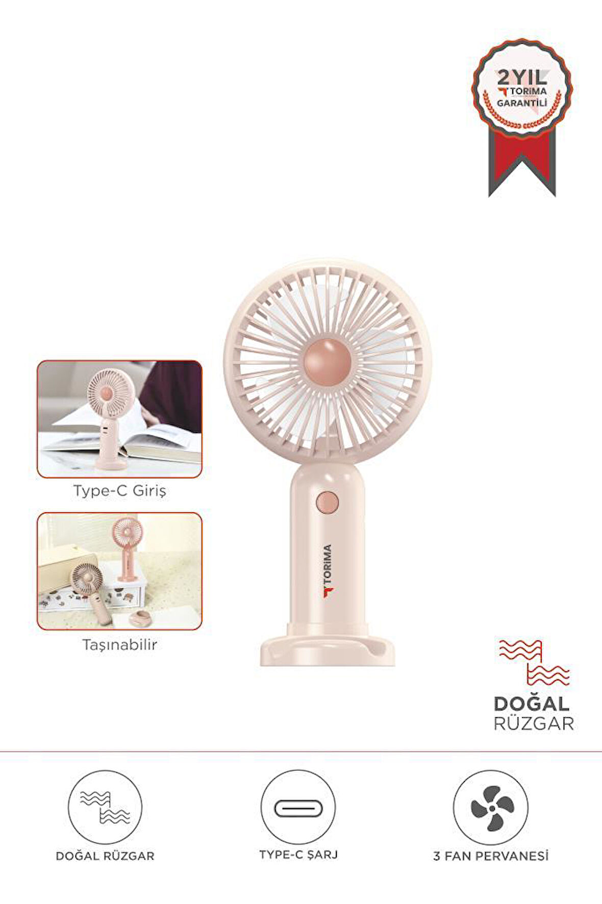 Torima F-28 Pembe Taşınabilir Şarj Edilebilir Mini El Fanı Ve Masa Fanı Soğutucu Pervane
