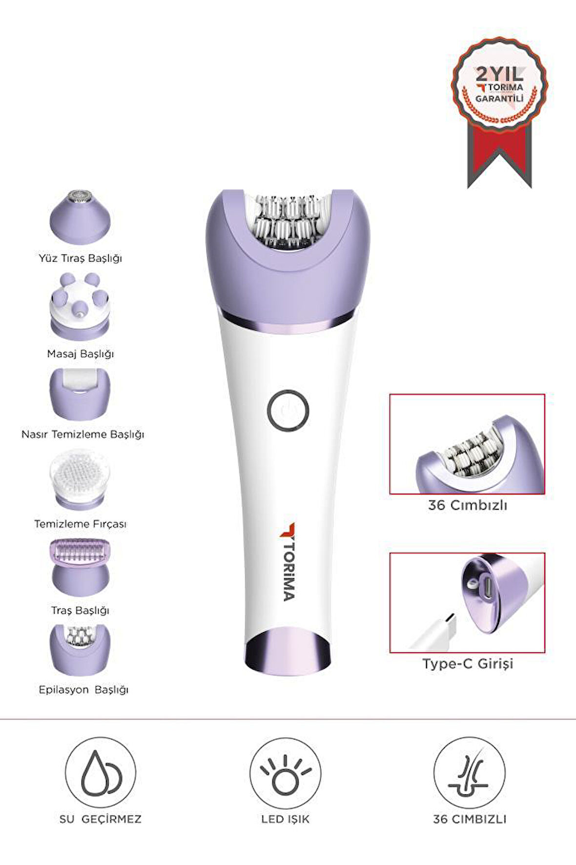 Torima TEP-02 Beyaz 6 Başlıklı (Yüz+Koltuk Altı+Bikini Bölgesi+Bacak) Islak Ve Kuru Kablosuz Epilatör