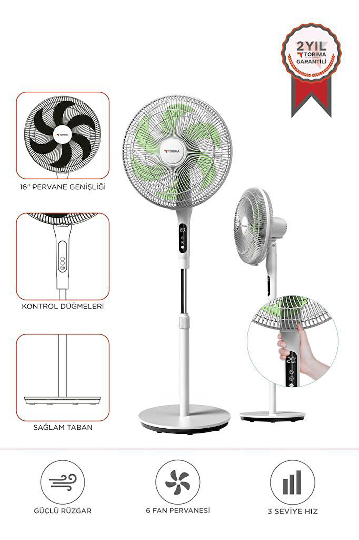 Torima SF-05 Beyaz Ayaklı 50W 3 Kademe 6 Pervaneli 16'' İnc Kumandalı Diğital Ekranlı Vantilatör Fan