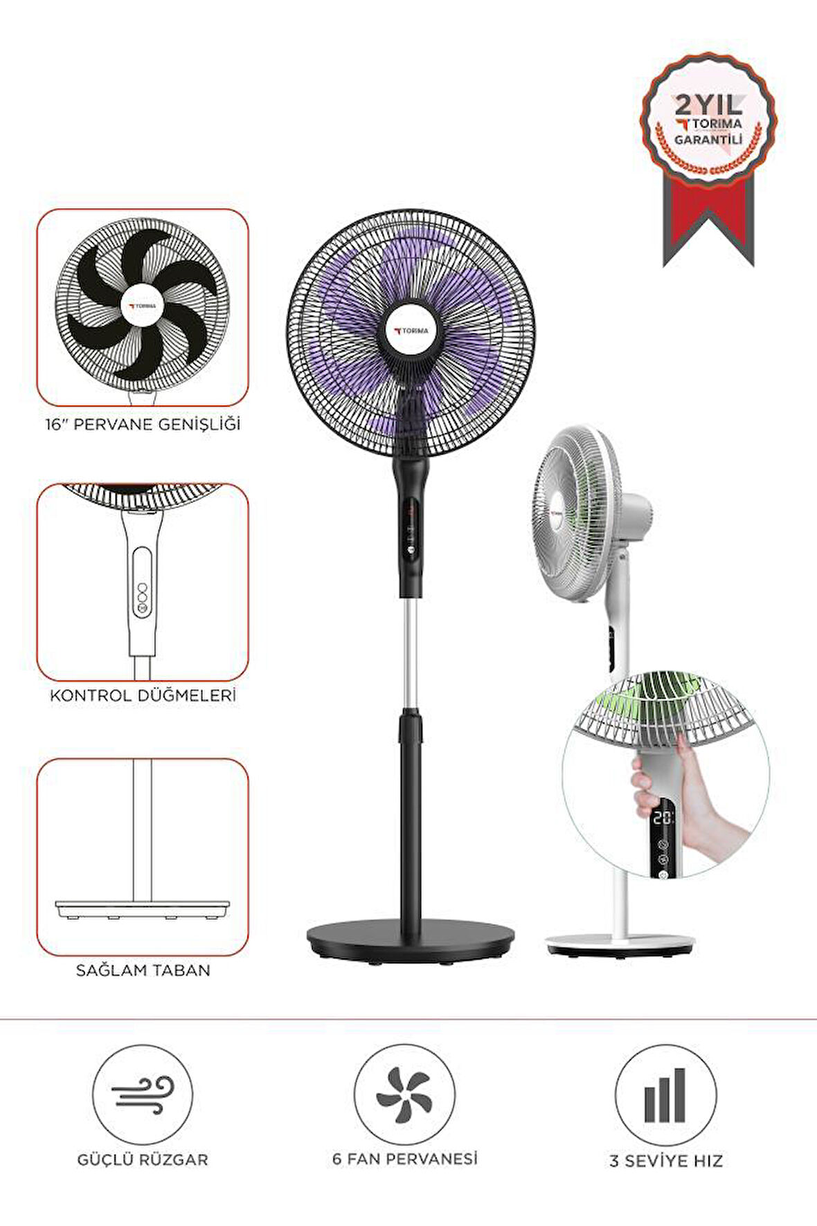 Torima SF-05 Siyah Ayaklı Portatif – 50W 3 Kademe 6 Pervaneli 16'' İnc Kumandalı Diğital Ekranlı Vantilatör Fan