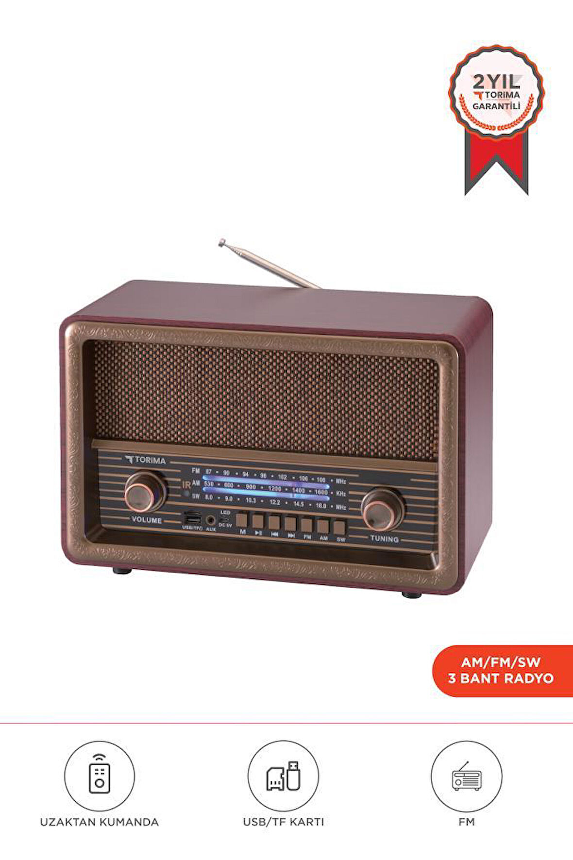 Torima D56 Kahverengi Nostaljik Uzaktan Kumandalı Bluetooth Hoparlör – Radyo, USB/TF, TWS, Şarjlı