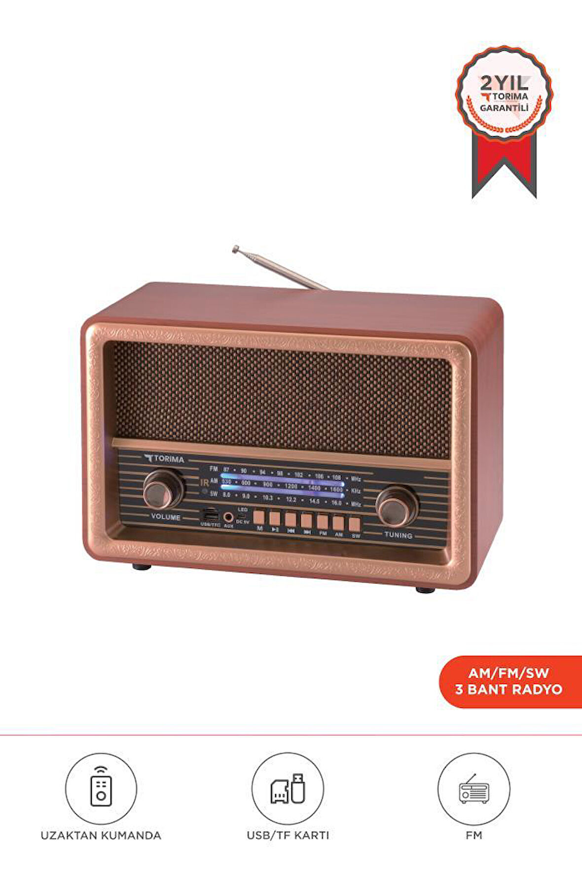 Torima D56 Ahşap Nostaljik Uzaktan Kumandalı Bluetooth Hoparlör – Radyo, USB/TF, TWS, Şarjlı