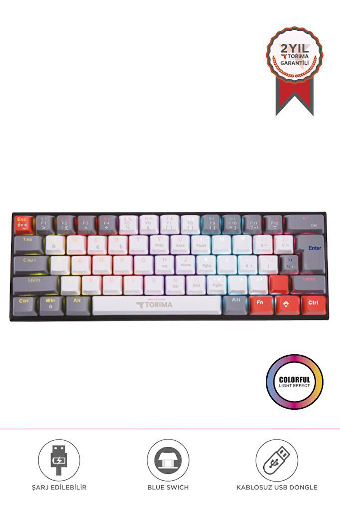 Torima TK-11 Beyaz Mekanik Kablosuz Blue Switch Rgb Işıklı Gaming Sarjlı Q Klavye 