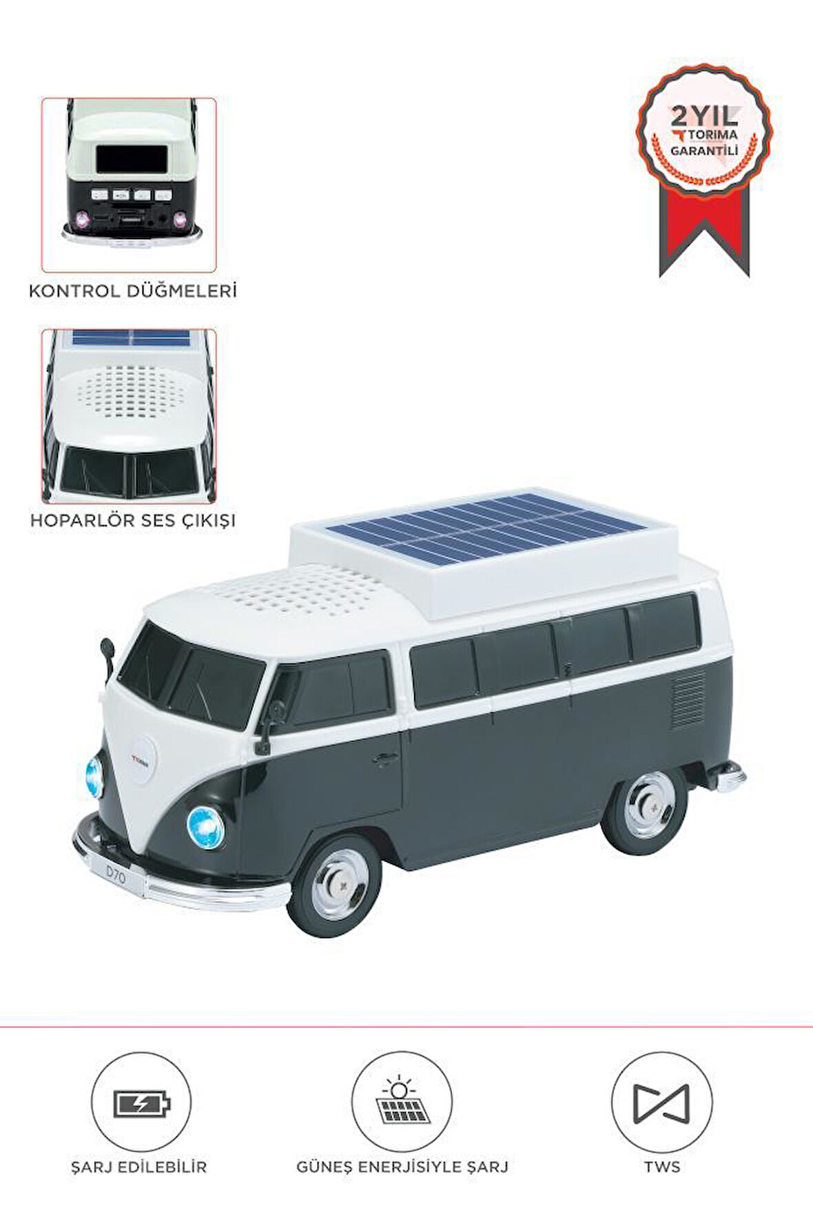 Torima D70 Siyah Vosvos Tasarımlı Solar Şarjlı Bluetooth Hoparlör 5W Güçlü Ses