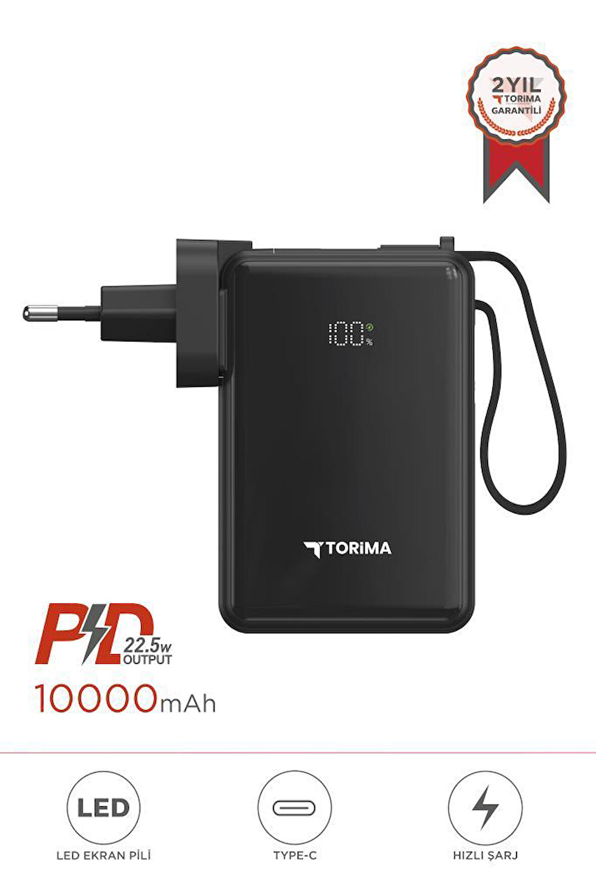 Torima TRM-1017 Siyah 10000 mAh Type-C Giriş ve Çıkışlı Taşınabilir 22,5 W Hızlı Şarj Dijital Göstergeli Powerbank