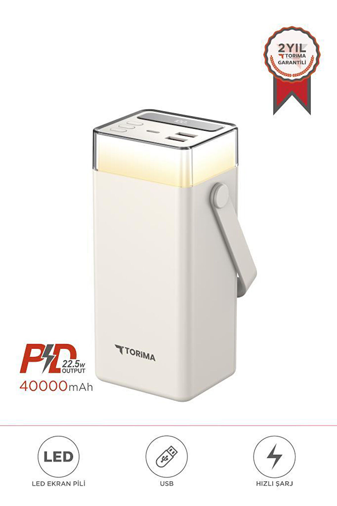 Torima TRM-1041 Beyaz 40000 mAh Type-C + Lightning + USB  Taşınabilir 22,5 W Hızlı Şarj Dijital Göstergeli RGB Led Işıklı Powerbank