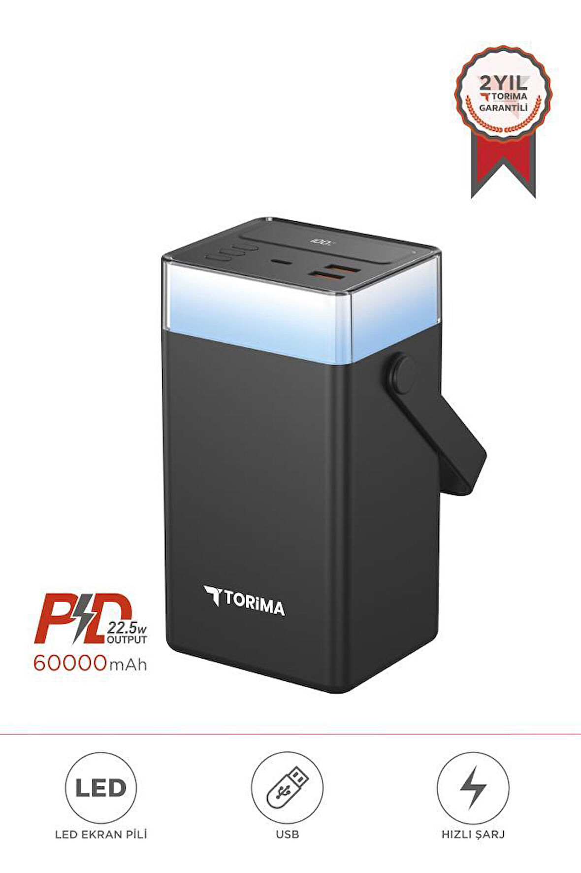 Torima TRM-1061 Siyah 60.000 mAh Type-C + Lightning + USB  Taşınabilir 22,5 W Hızlı Şarj Dijital Göstergeli RGB Led Işıklı Powerbank