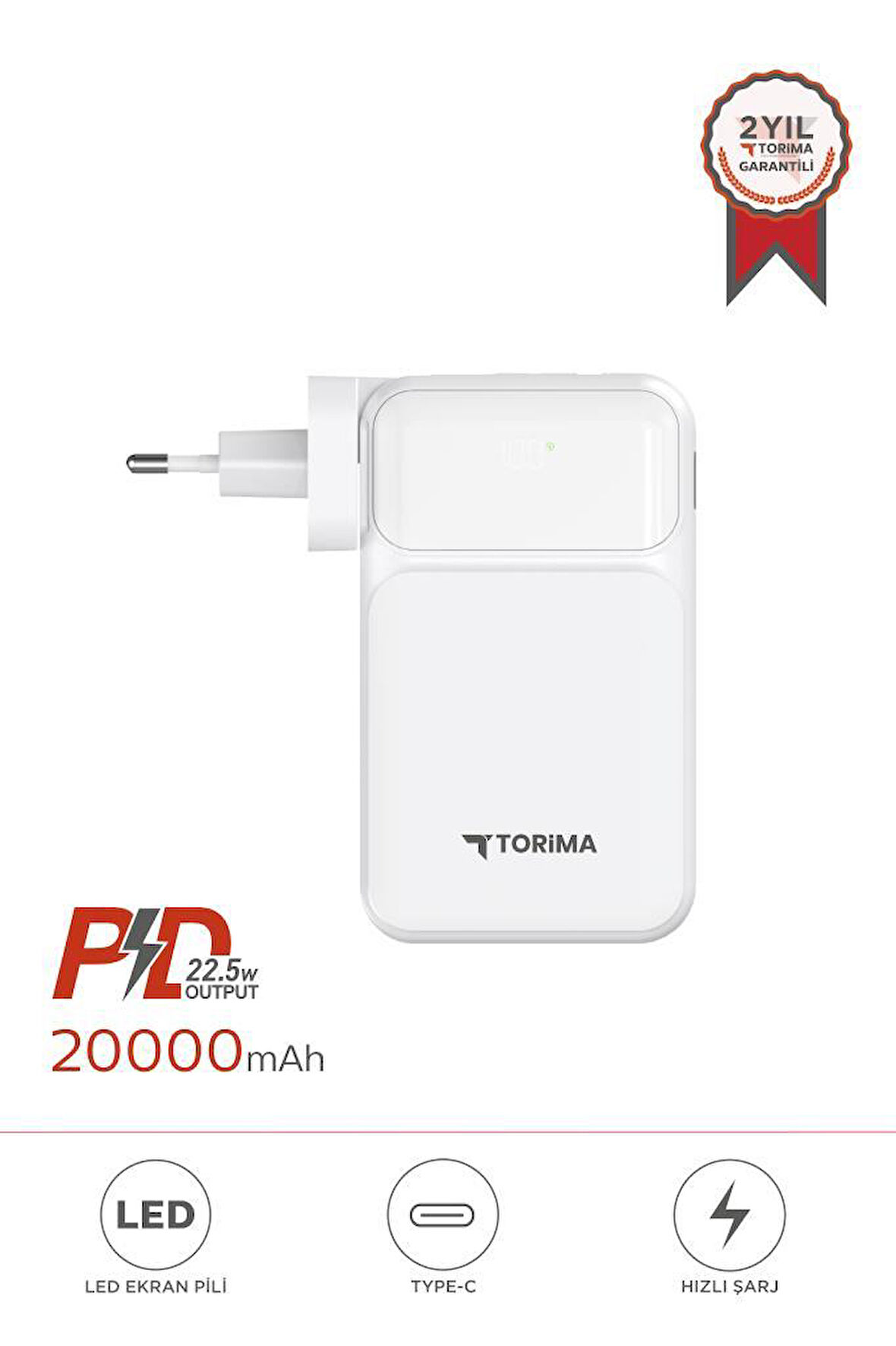 Torima TRM-1027 Beyaz 20000 mAh Type-C Lightning 22,5 W Hızlı Şarj Dijital Göstergeli Powerbank