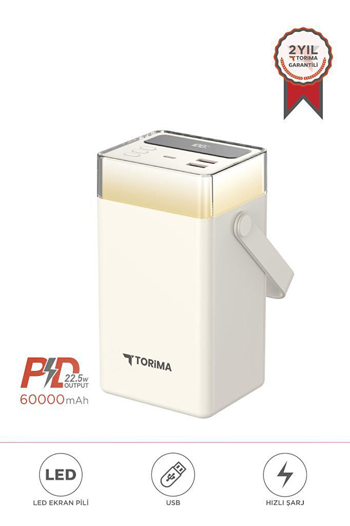 Torima TRM-1061 Beyaz 60.000 mAh Type-C + Lightning + USB  Taşınabilir 22,5 W Hızlı Şarj Dijital Göstergeli RGB Led Işıklı Powerbank