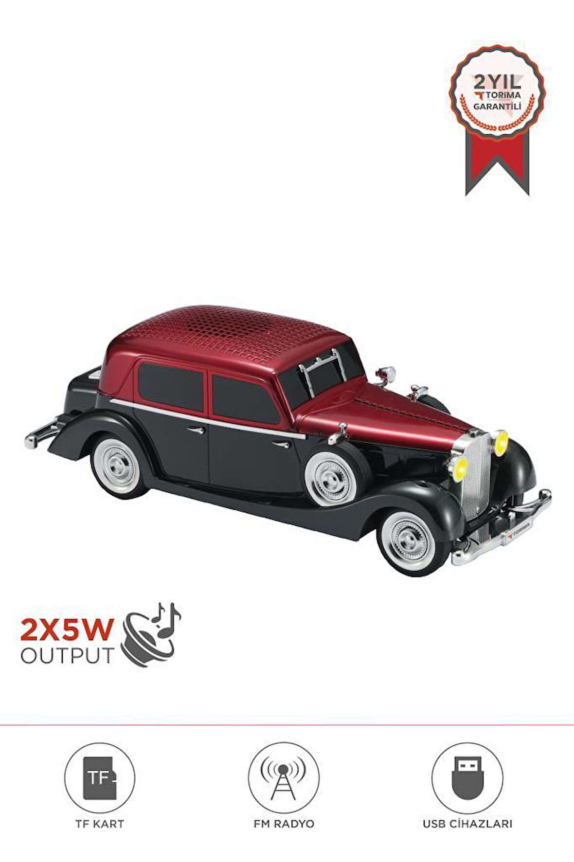 Torima D55 Kırmızı Retro Araba Tasarımlı Bluetooth Hoparlör  2x5W  FM + USB + TF Kart