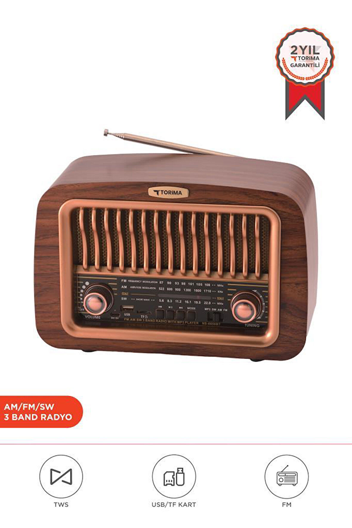 Torima D-59 Ahşap Nostalji Radyo Kablosuz Bluetooth Hoparlör