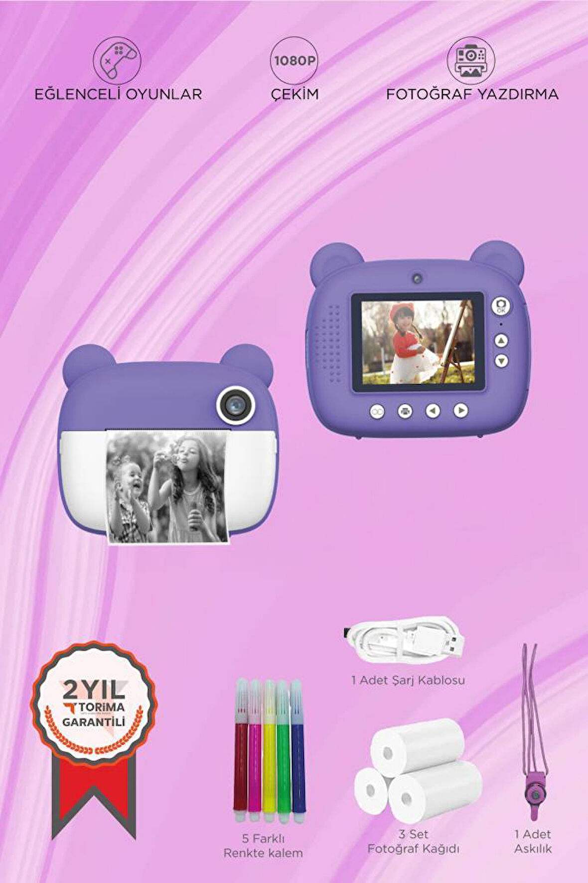 Torima TRM-CMR14 Mor Dijital Video Kayıt Fotoğraf Çocuk Kamerası Anlık Termal Resim Kağıt Baskılı Yazıcı