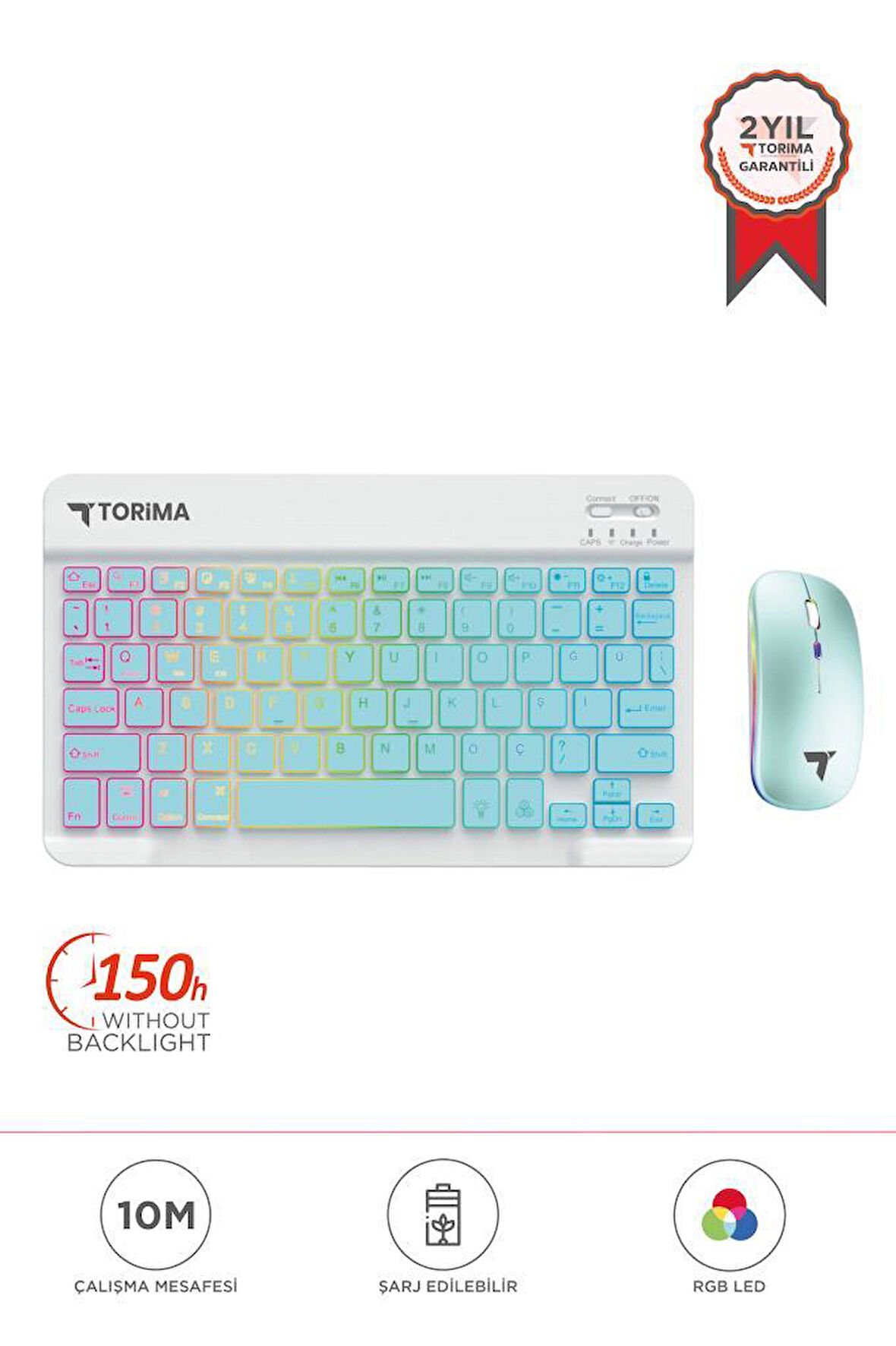 Torima TMK-09 Mavi Şarj Edilebilir RGB Işıklı Kablosuz Klavye Mouse Seti