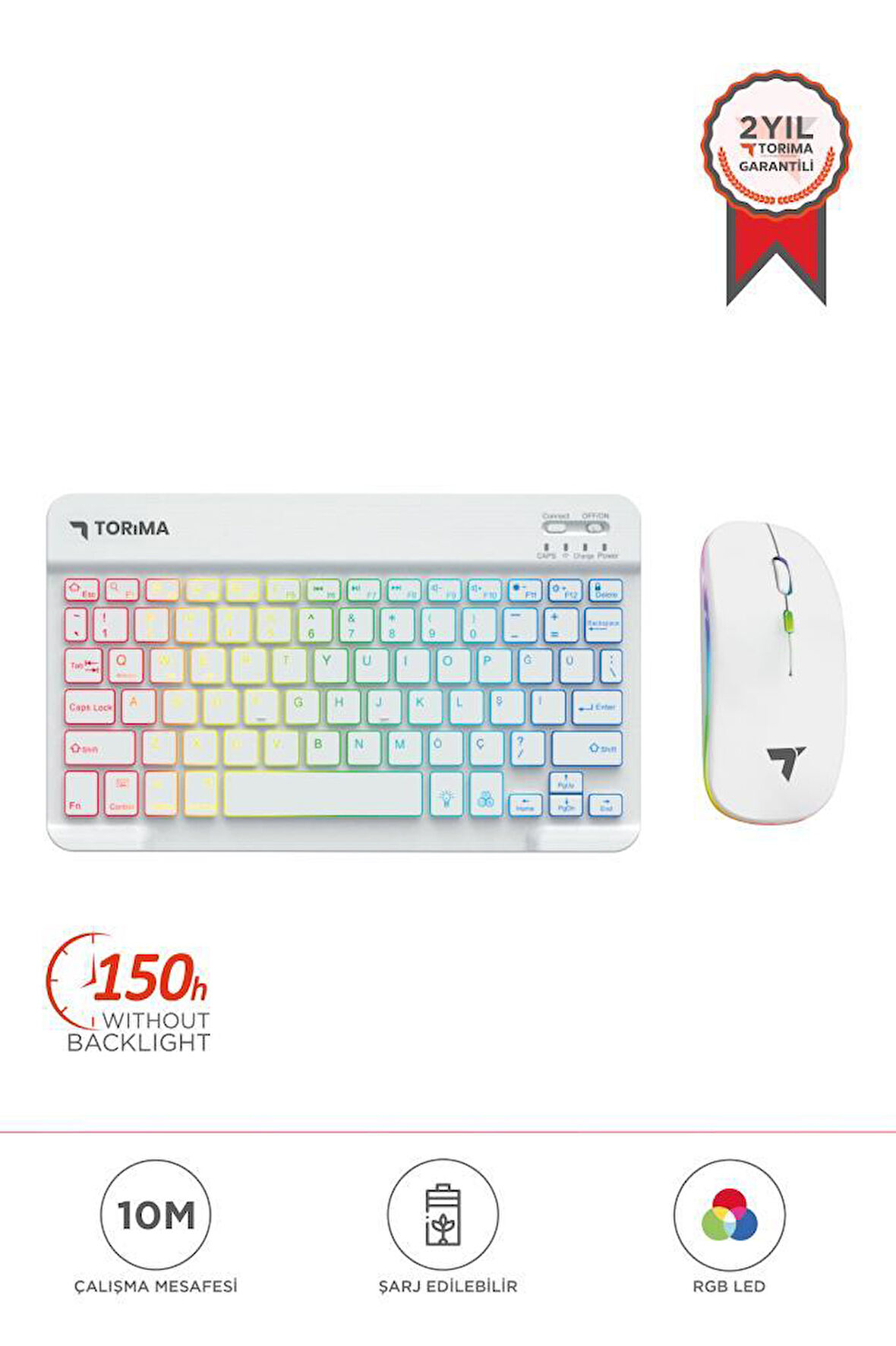 Torima TMK-09 Beyaz Şarj Edilebilir RGB Işıklı Kablosuz Klavye Mouse Seti