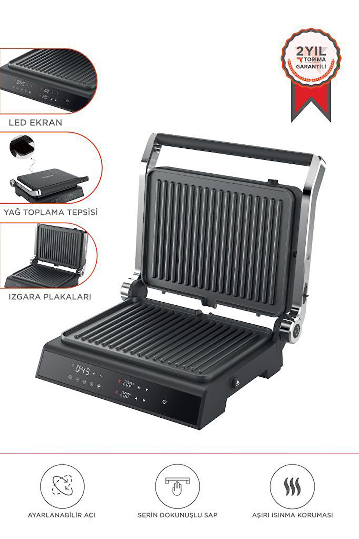 Torima TG-PRO500 Siyah 2000W Dijital Ekranlı Tost & Izgara Makinesi Çıkarılabilir Plaka