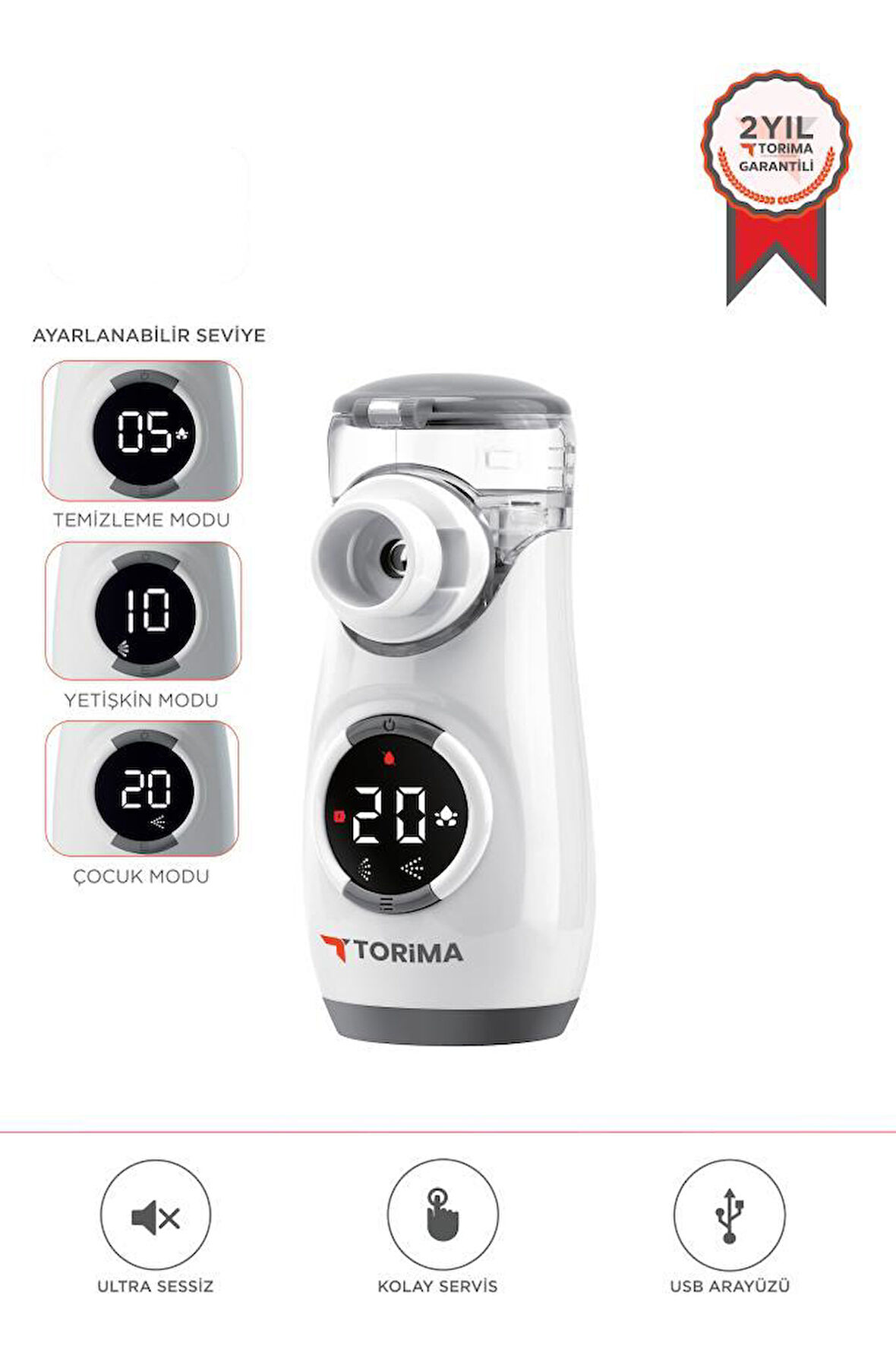 Torima CNB69008 Beyaz Sessiz Kademeli Dijital Ekranlı USB Şarjlı Mesh Nebulizatör Cihazı