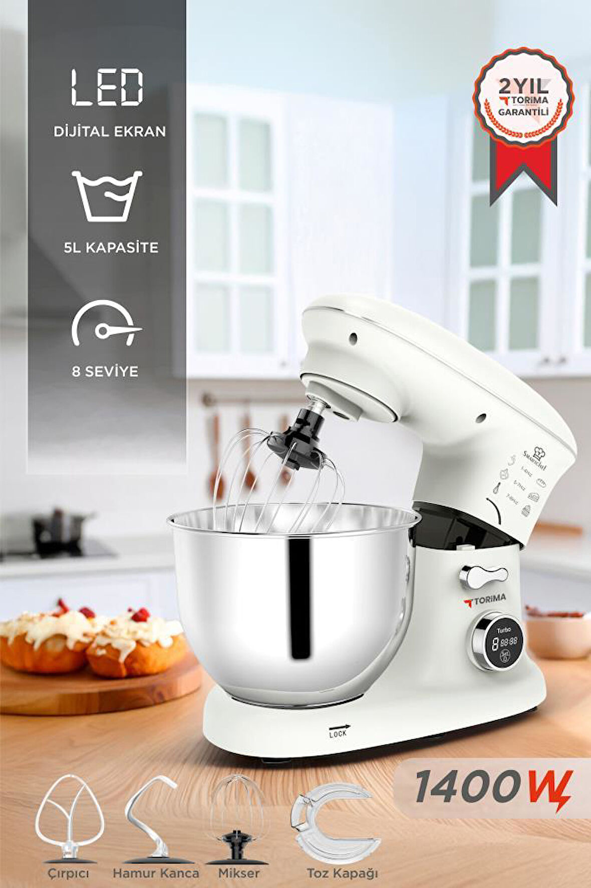 Torima TMK-1400DT Beyaz Stand Mikser , Hamur Yoğurma Makinesi , Mutfak Şefi 1400W