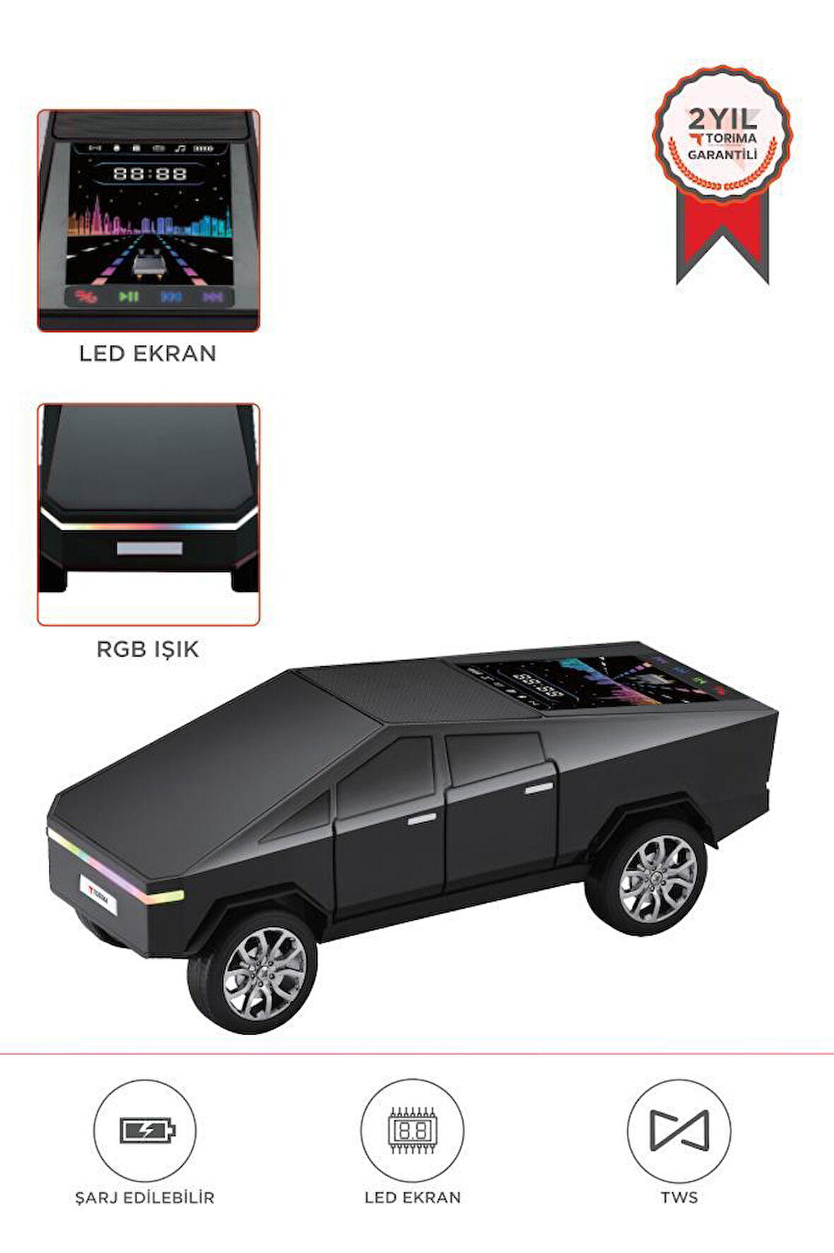 Torima D68 Siyah CyberTruck Araba Tasarımlı Bluetooth Hoparlör 15W Güçlü Ses RGB LED /TWS/USB