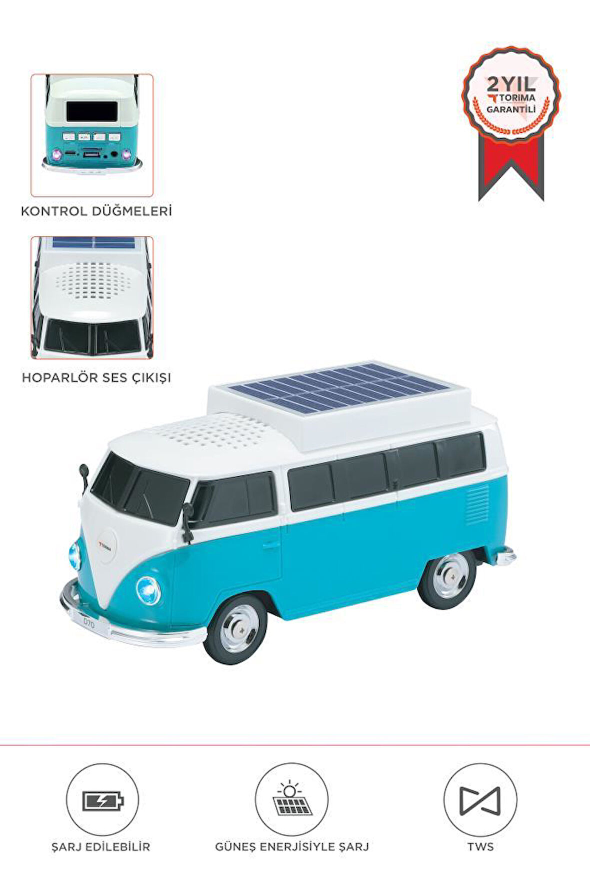 Torima D70 Yeşil Vosvos Tasarımlı Solar Şarjlı Bluetooth Hoparlör 5W Güçlü Ses