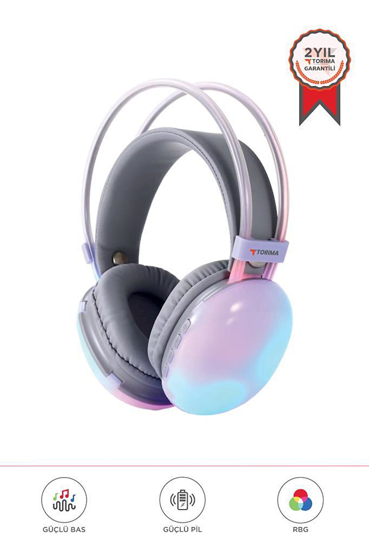 Torima HD-40 Mor Kablosuz RGB Işıklı Kulak Üstü Bluetooth Kulaklık
