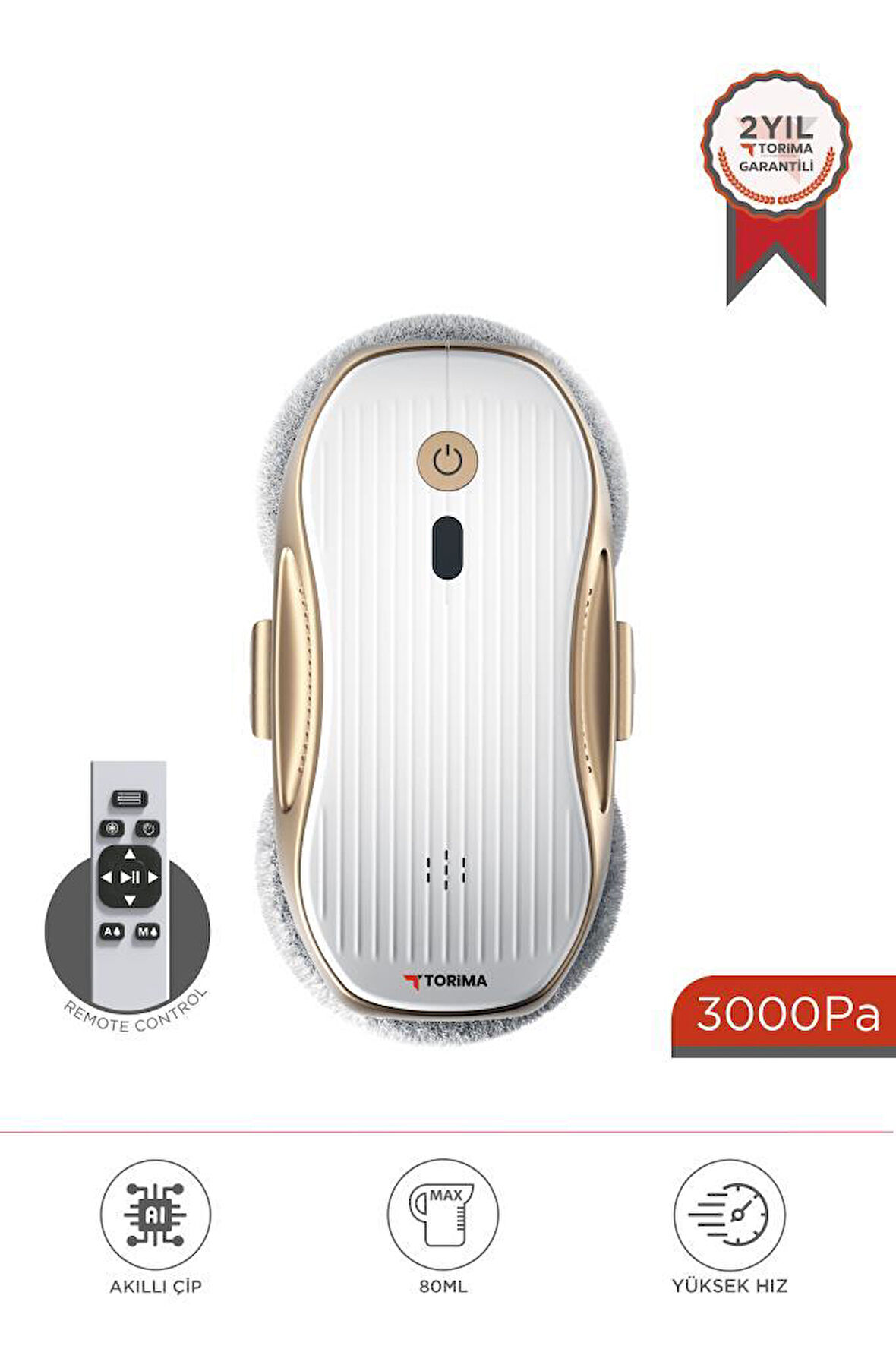 Torima S10 Su Püskürtmeli Uzaktan Kumandalı 3000Pa Cam Pencere Temizleme Robotu Gold-Beyaz