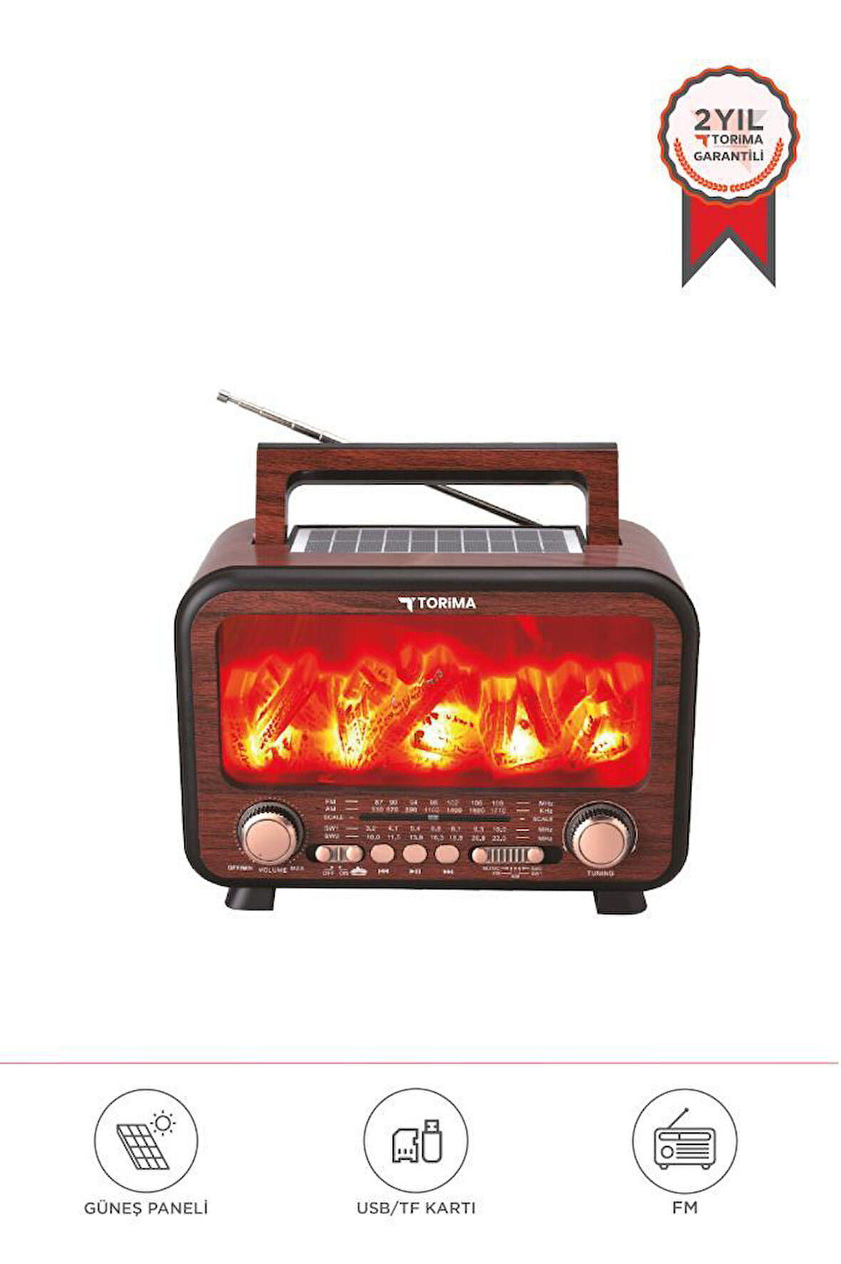 Torima D72 Koyu Ahşap Nostalji Kablosuz Speaker Bluetooth Hoparlör Radyo Solar Panelli