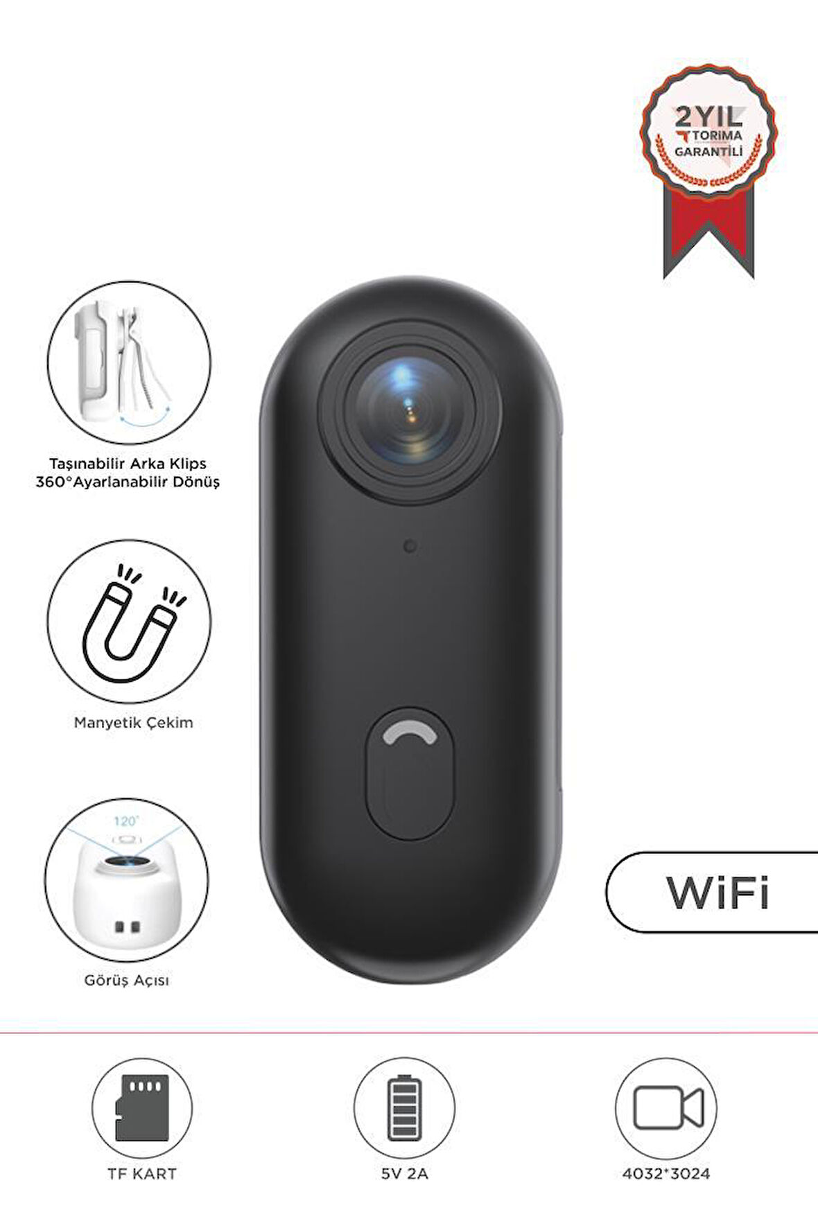 Torima CMR-34 Siyah 4K Kayıt, Geniş Açı,Manyetik ve Klips Tasarımlı Giyilebilir Aksiyon ve Motosiklet Kamerası 