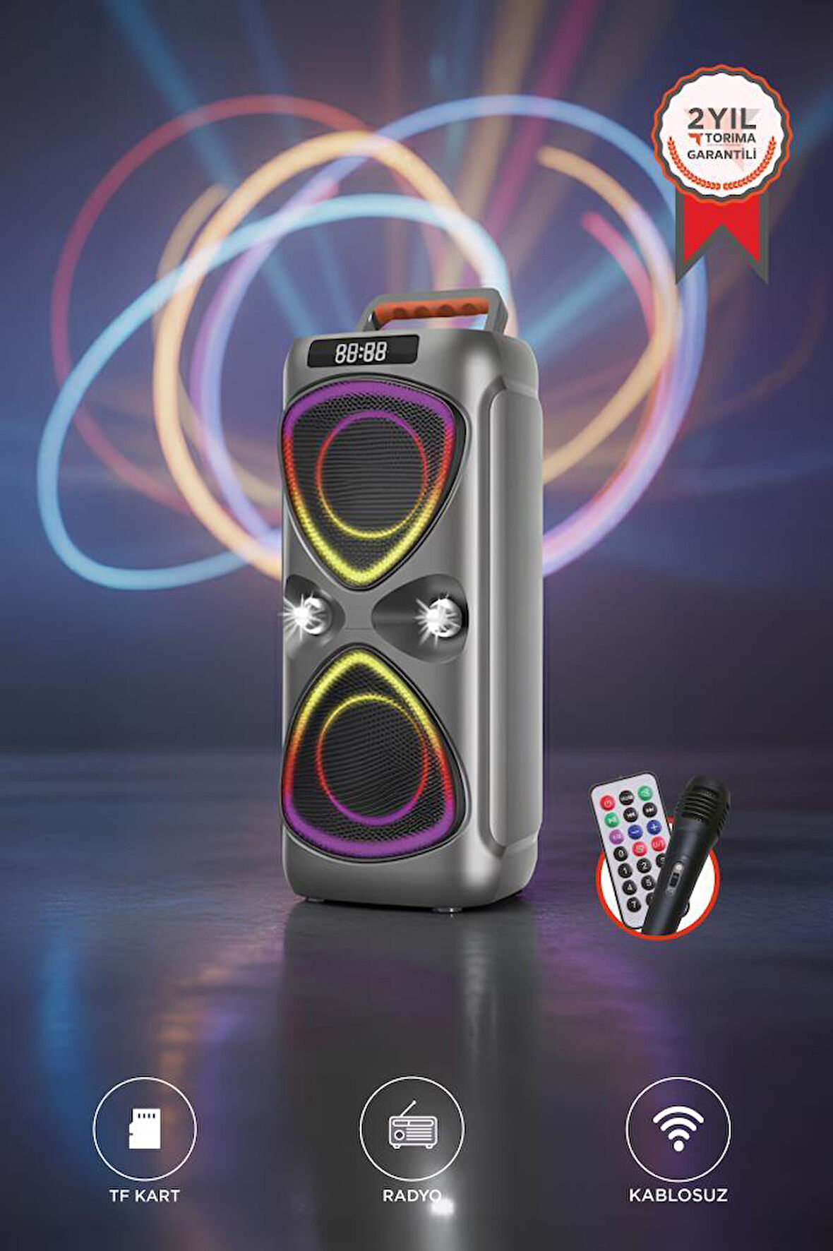 TORIMA D78 Gri Kablosuz Bluetooth Hoparlör Mikrofonlu LED Işıklı 8W+8W Parti Speaker