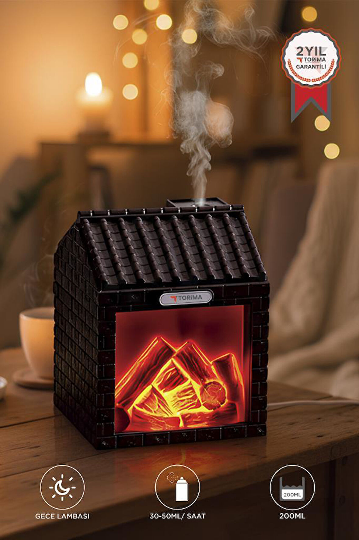 TORIMA H9 Koyu Kahve Şömine Efektli 200ml Sessiz Ultrasonik House Hava Nemlendirici