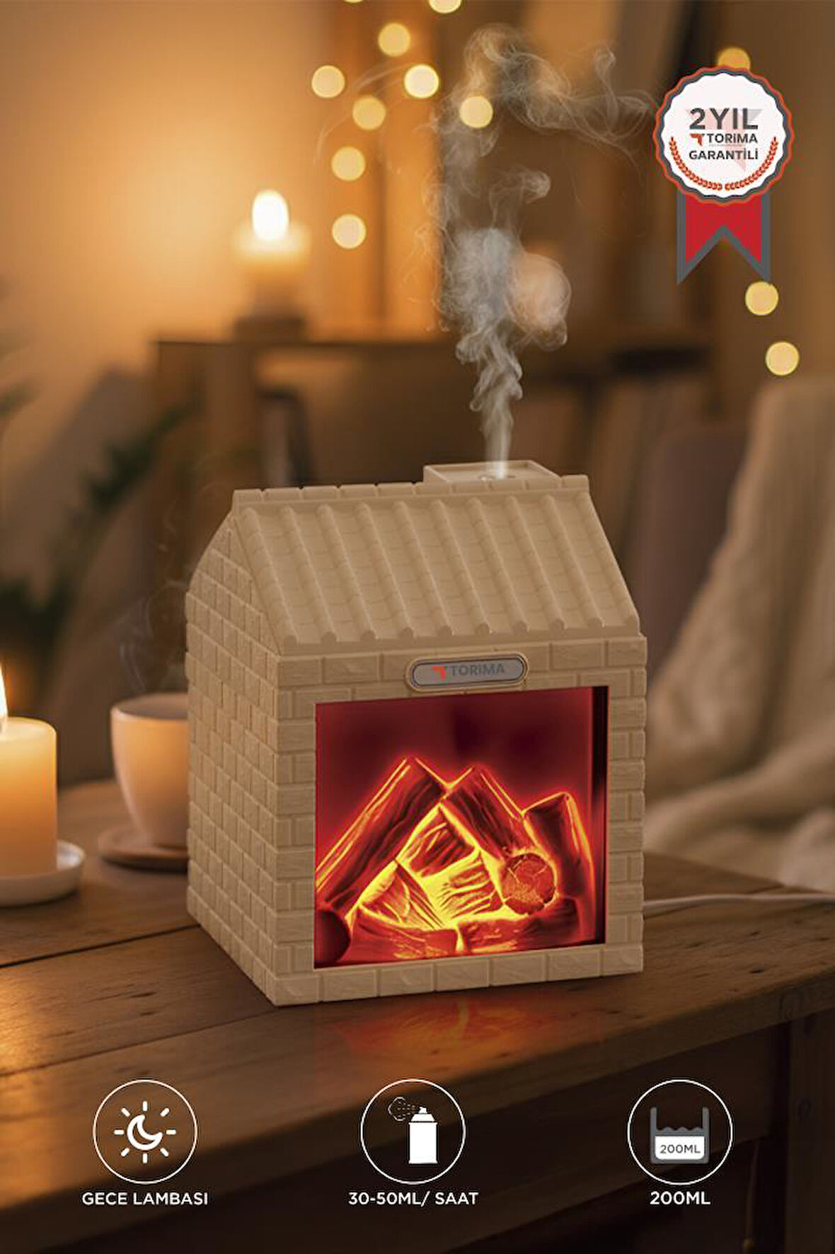 TORIMA H9 Ahşap Şömine Efektli 200ml Sessiz Ultrasonik House Hava Nemlendirici