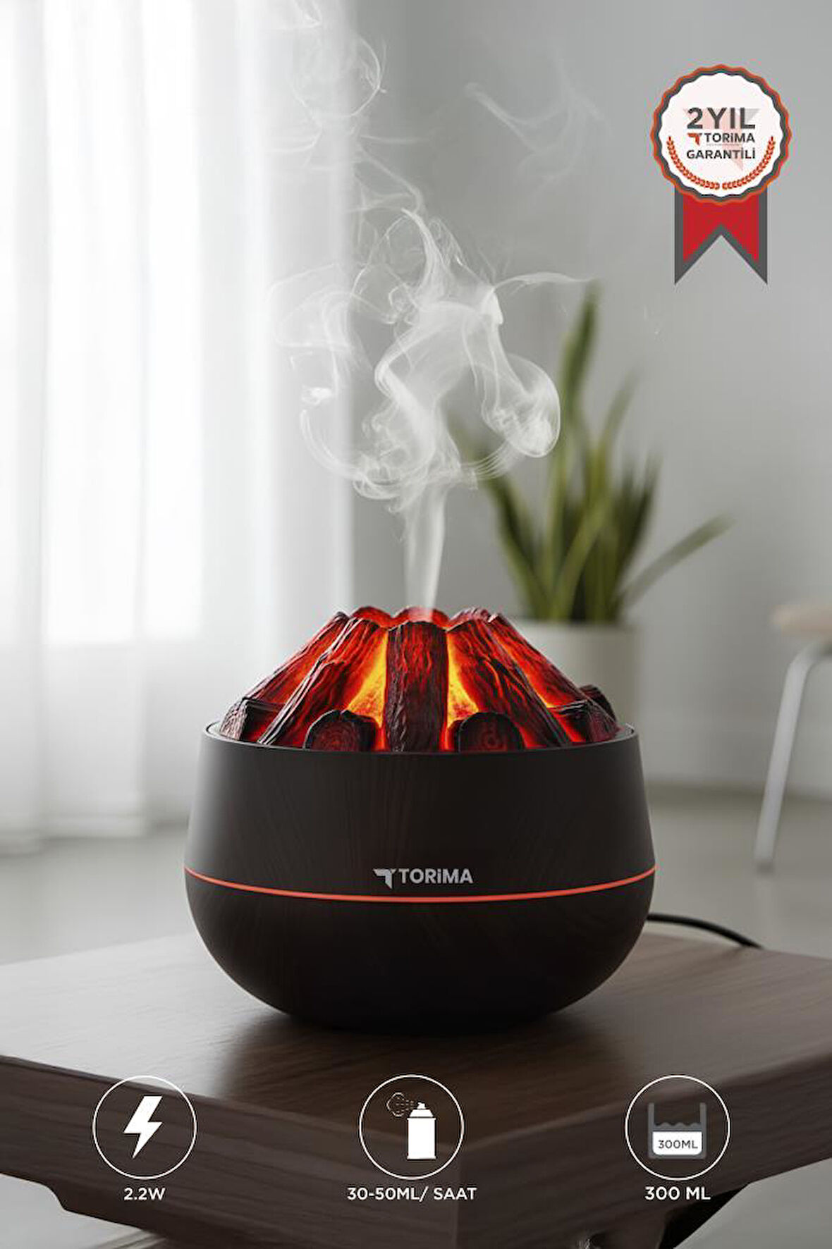 TORIMA H11 Koyu Kahve Odun Ateşi Efekli 300ml Sessiz Ultrasonik  Hava Nemlendirici