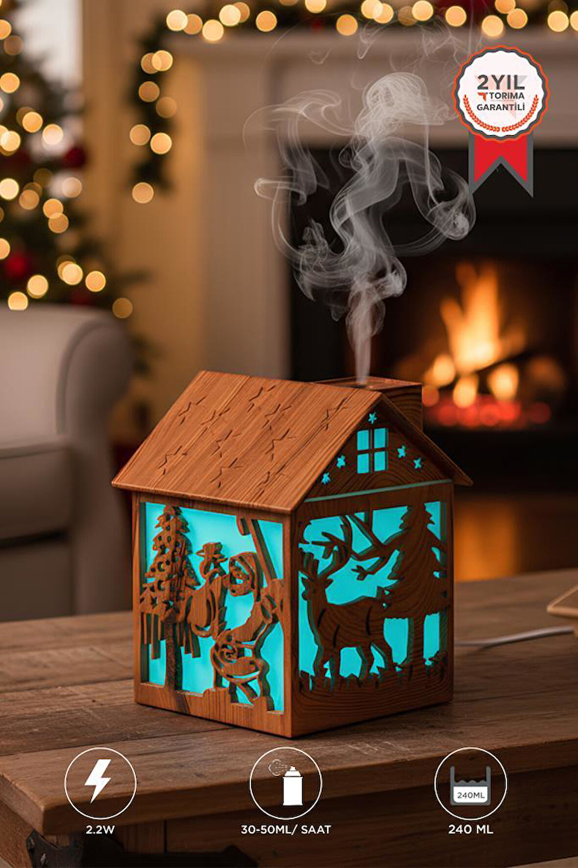 Torima H14 Açık Kahverengi Yılbaşı Temalı Ahşap Görünümlü 240ml Hava Nemlendirici Buhar Makinesi
