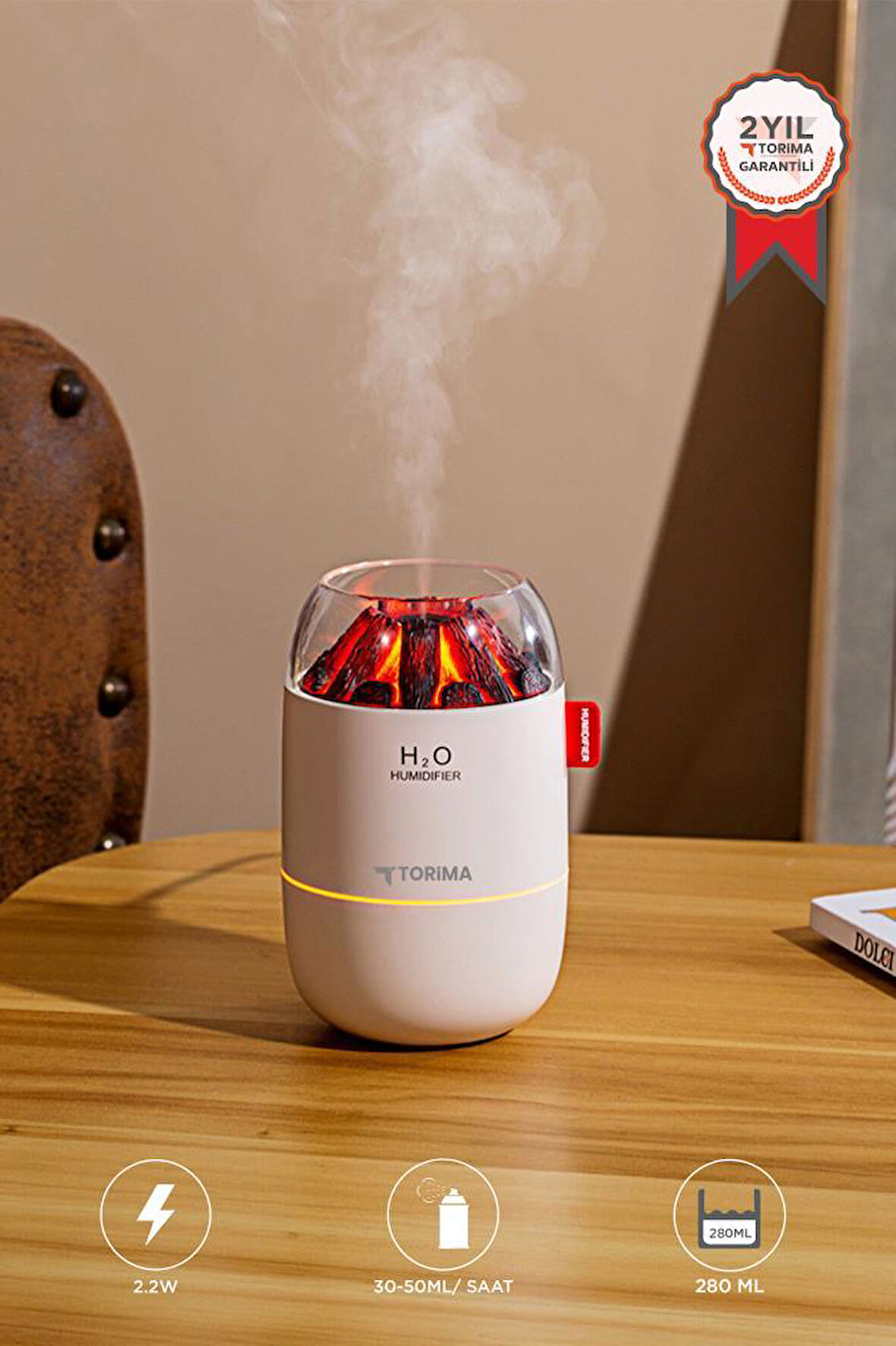 Torima H16 Beyaz Odun Ateşi Efekli Hava Nemlendirici Buhar Makinesi 280ML LED Işıklı Sessiz Çalışma