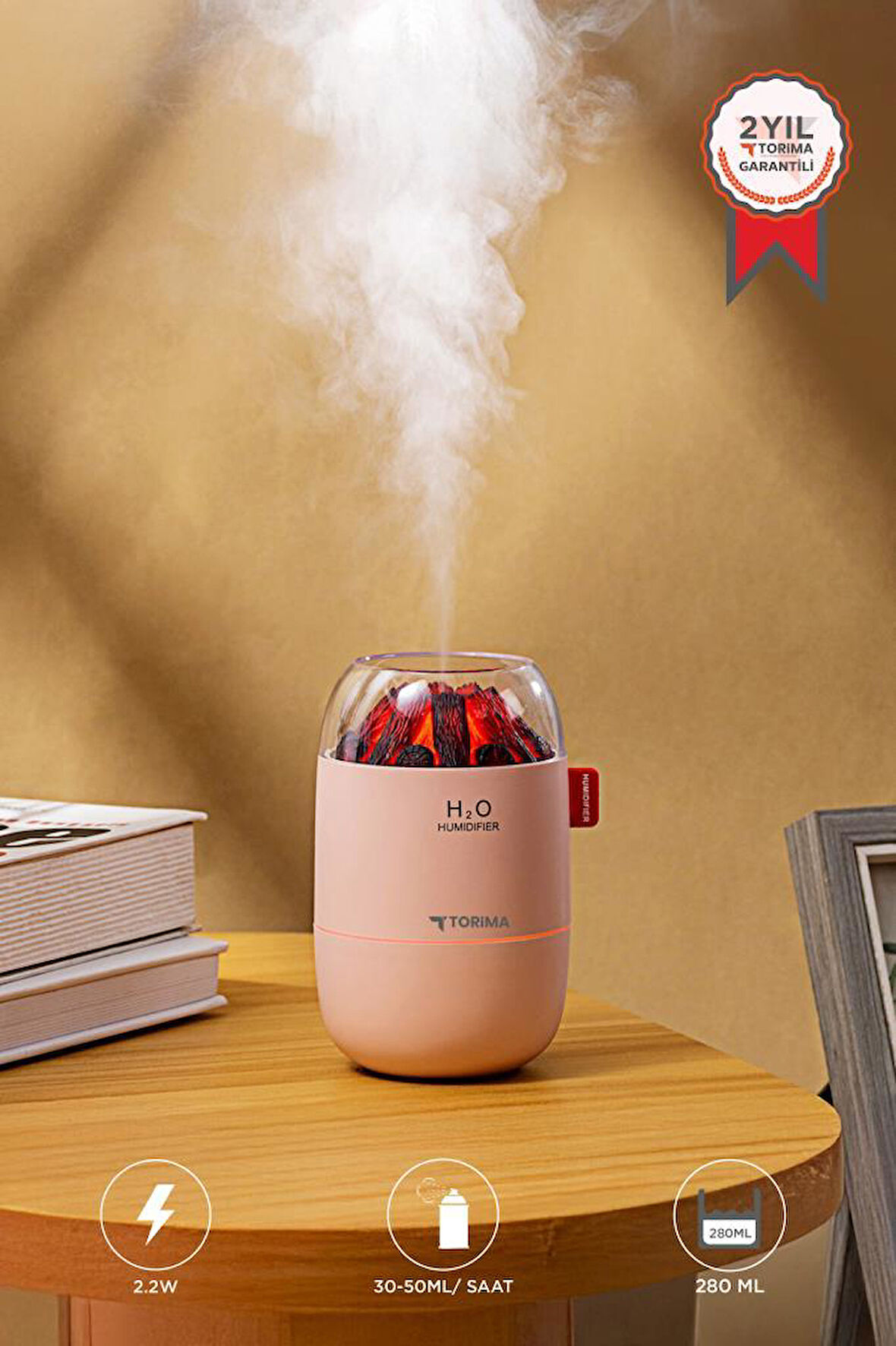 Torima H16 Pembe Odun Ateşi Efekli Hava Nemlendirici Buhar Makinesi 280ML LED Işıklı Sessiz Çalışma