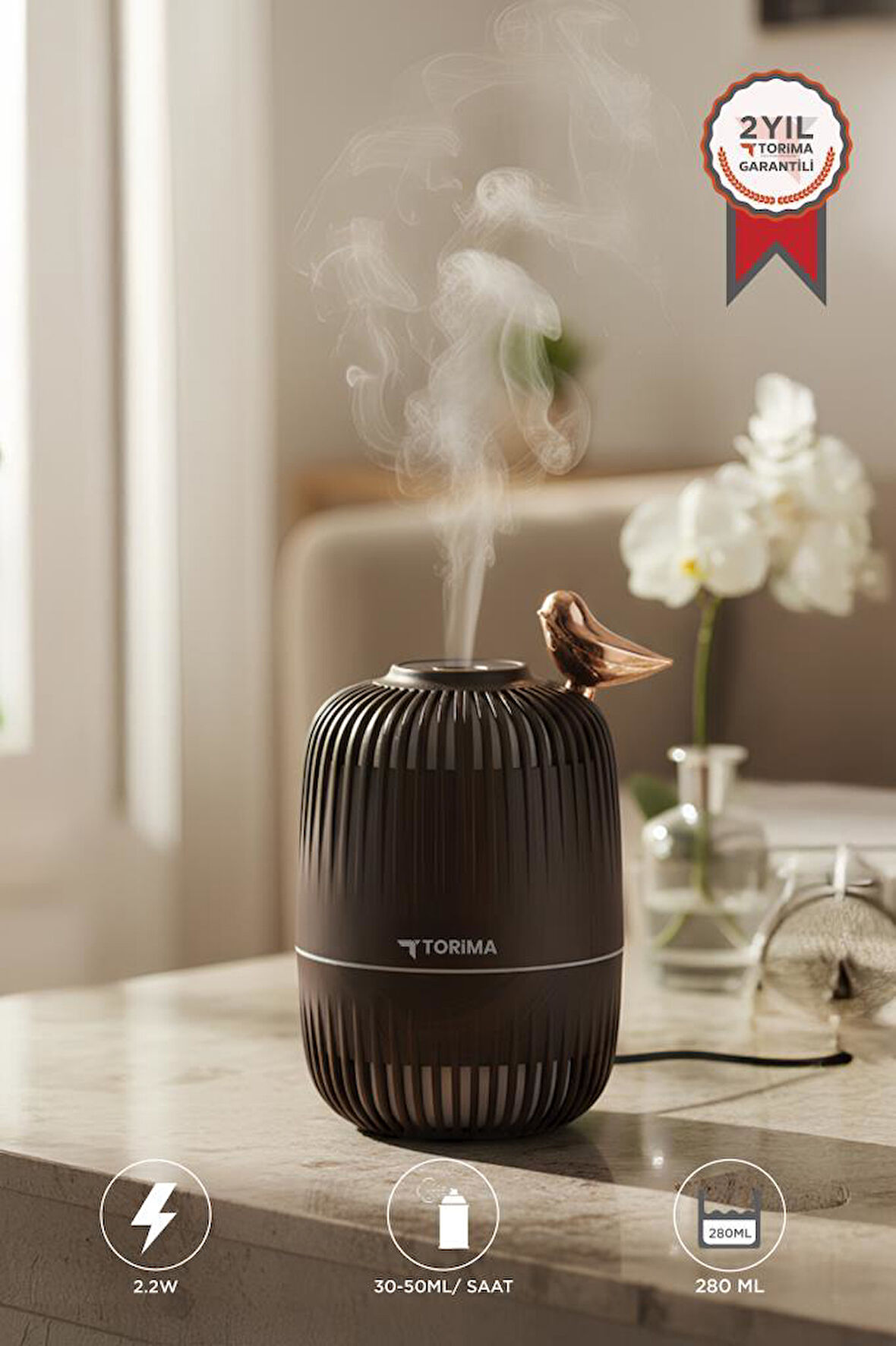 Torima H17 Koyu Kahverengi Kuş Detaylı Ahşap Görünümlü 280ml Hava Nemlendirici Buhar Makinesi