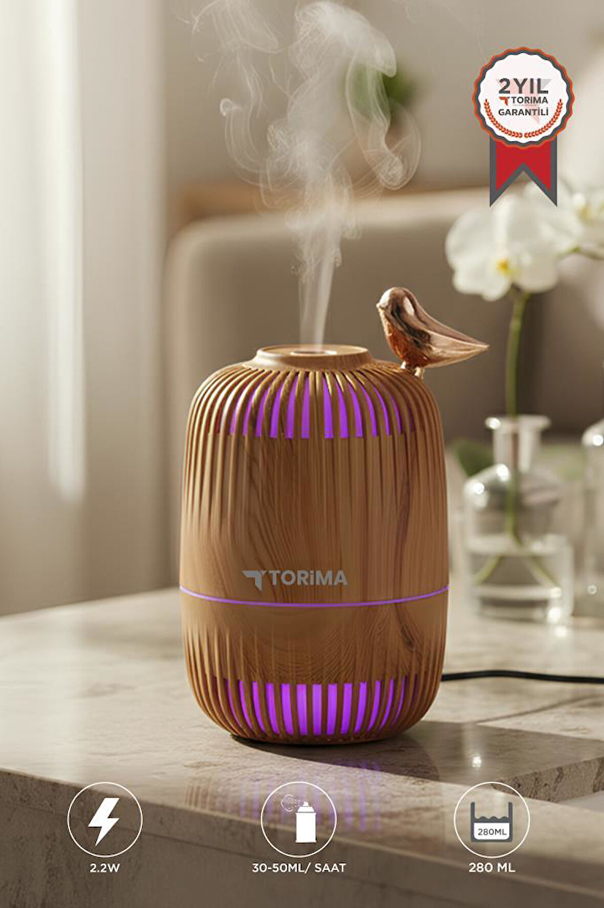 Torima H17 Açık Kahverengi Kuş Detaylı Ahşap Görünümlü 280ml Hava Nemlendirici Buhar Makinesi