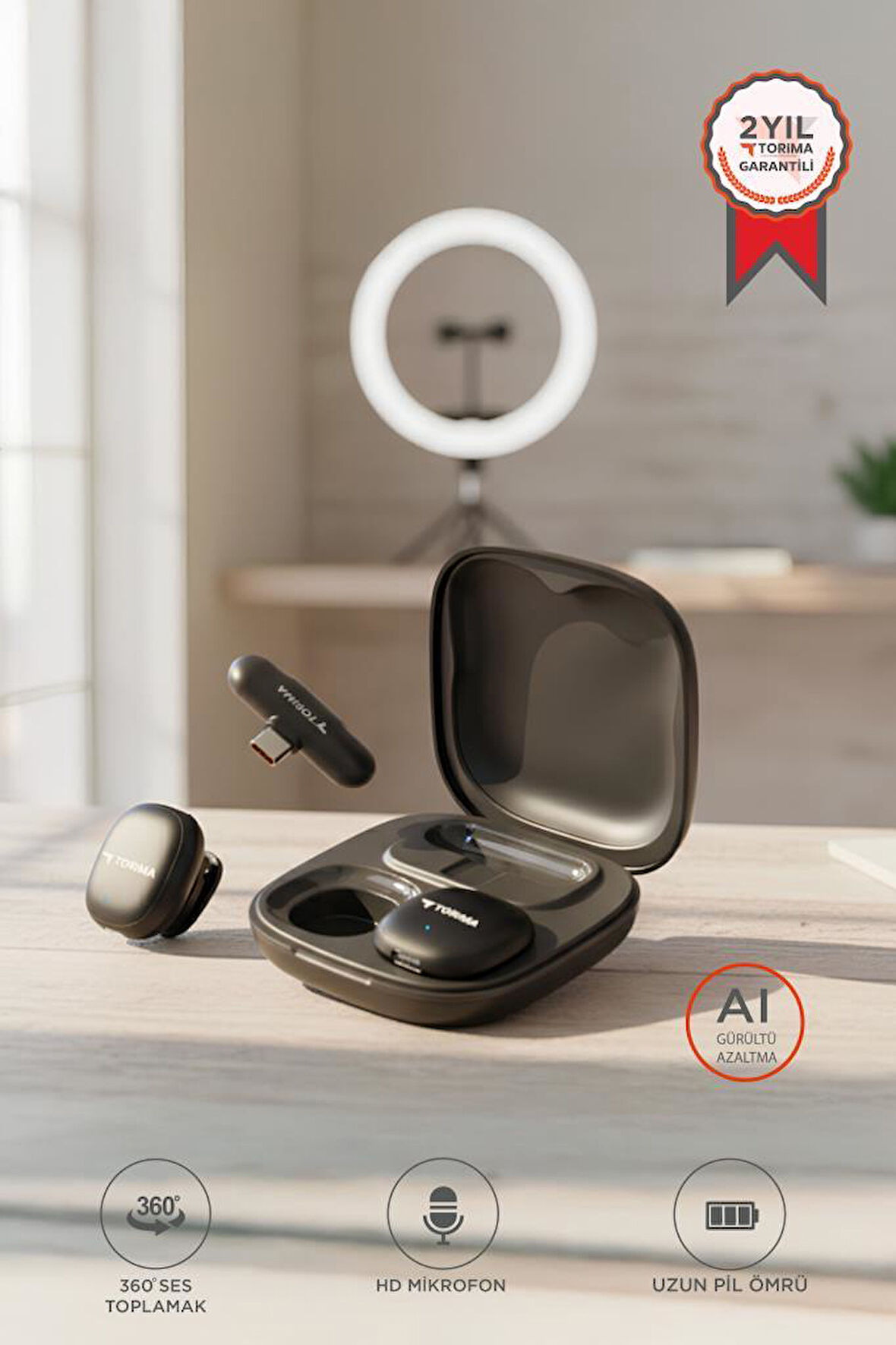 Torima WM-02 Siyah AI Destekli ANC Gürültü Önleyici Şarj Kutulu Kablosuz Yaka Mikrofonu