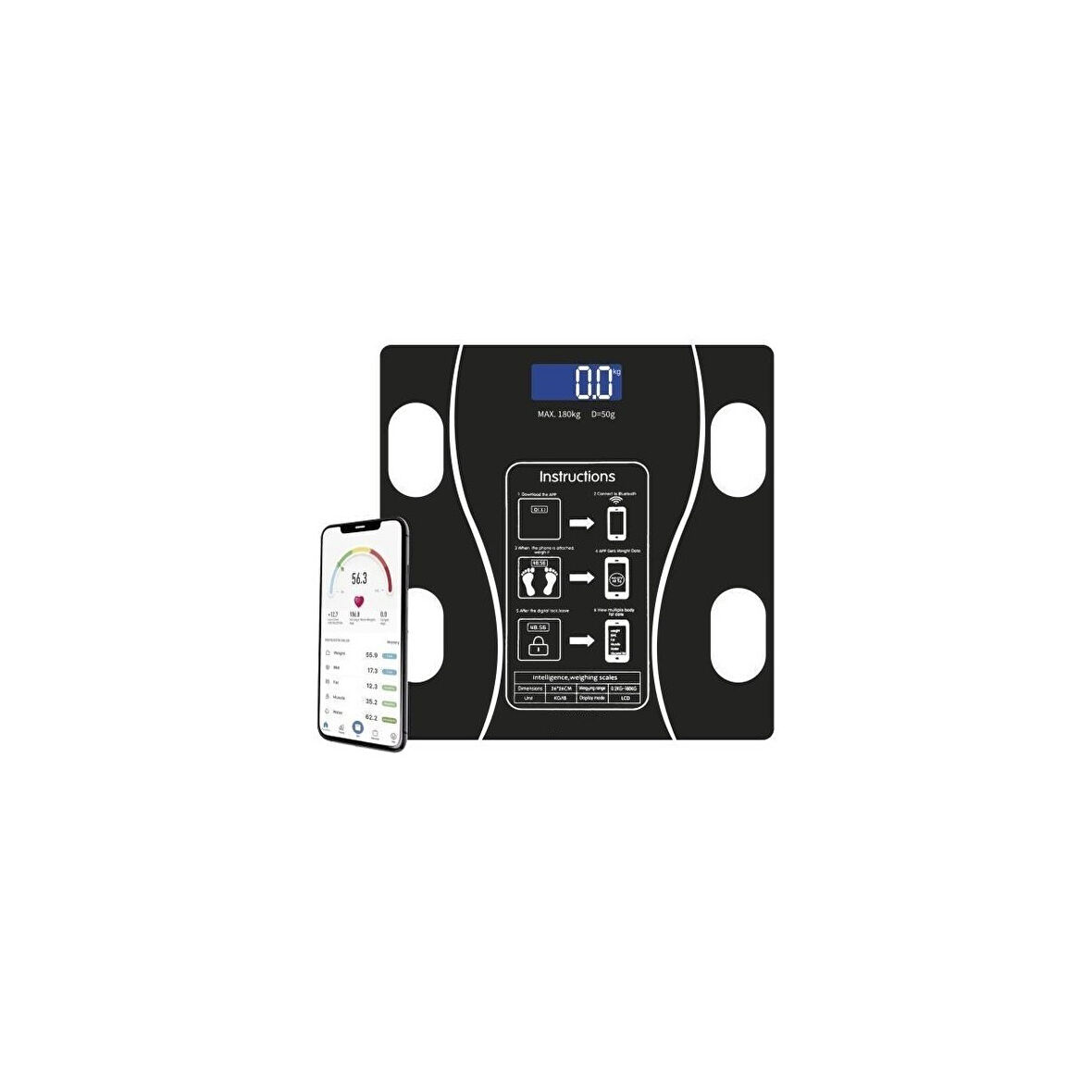 XK-26C Siyah Dijital Baskül Yağ Kas Su Vücut Kitle Indeksi Kilo Ölçer Bluetooth Tartı