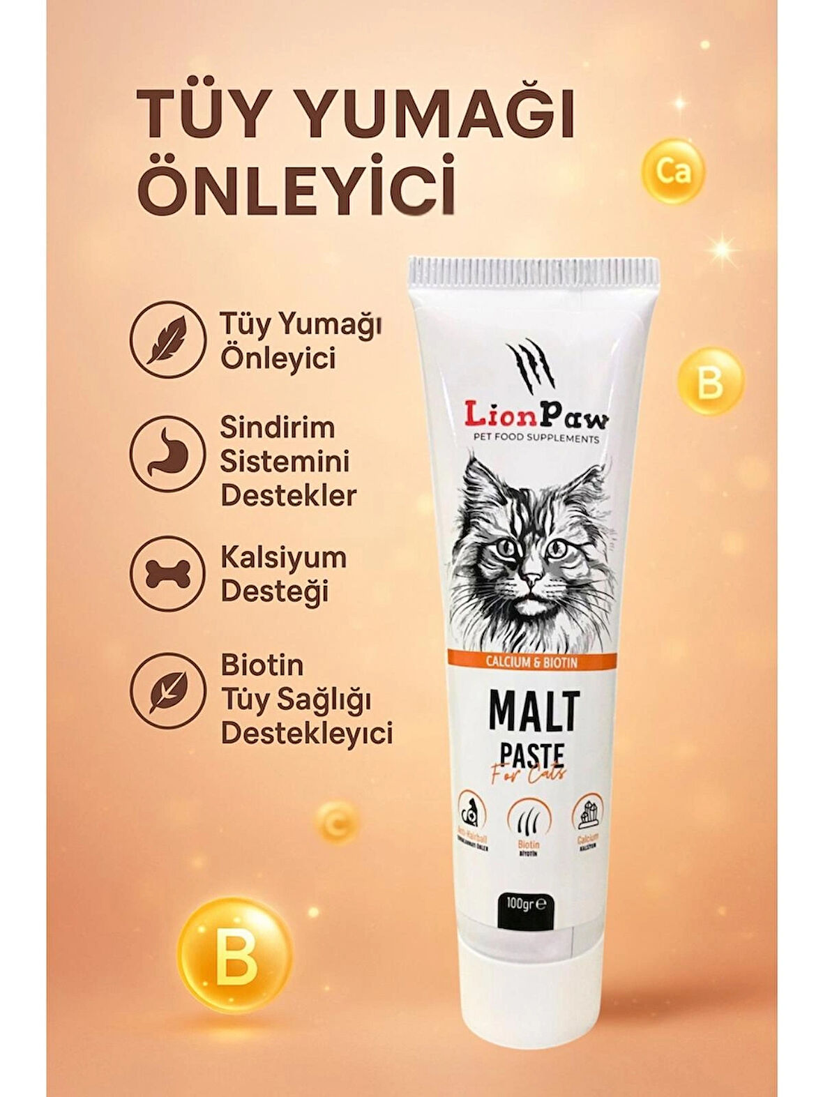 Anti-Hairball Tüy Yumağı Önleyici Malt Macun 100 GR Biotin-Kalsiyum Güçlü İçerik