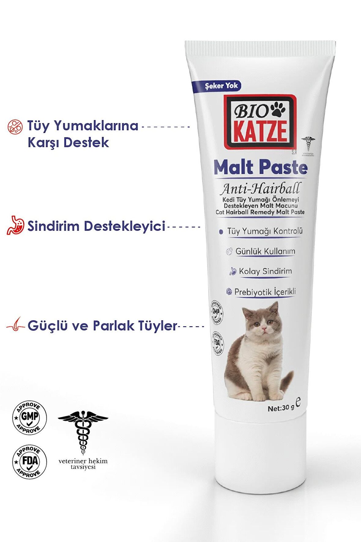 Biokatze Malt Paste Kedi Tüy Yumağı Önlemeyi Destekleyen Malt Macunu 30GR