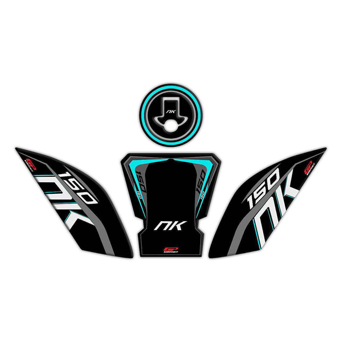 GP Kompozit CF Moto 150 NK 2016-2022 Uyumlu Tank Pad Seti Siyah-Turkuaz