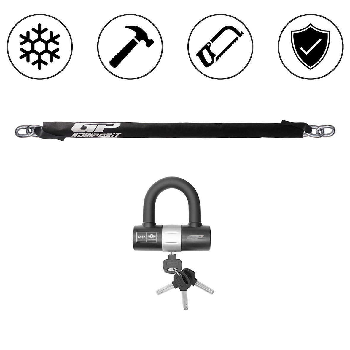 GP Kompozit Universal 2 mt 10 mm Kesilmez Motosiklet Zinciri ve Kilidi
